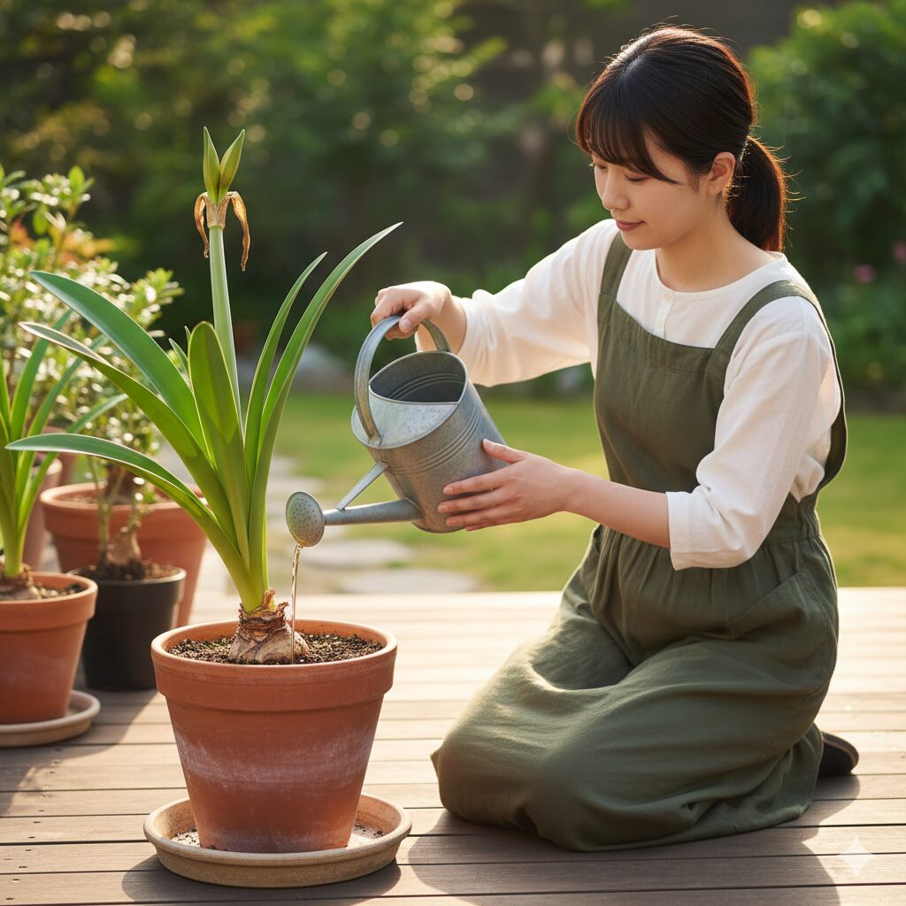 アマリリス 花が咲かない7　花後のお礼肥としてリン酸多めの肥料をアマリリスに与えるメンテナンス作業