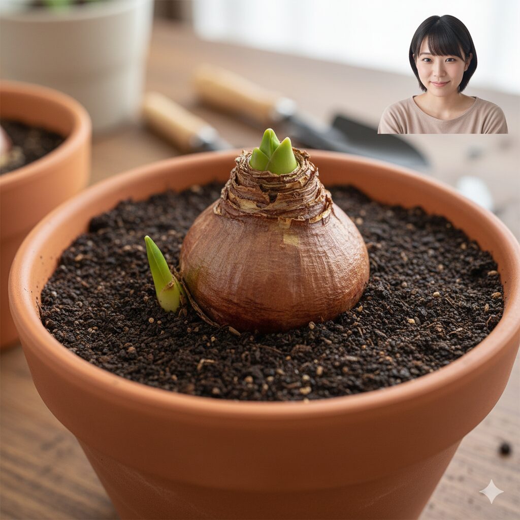 アマリリス 花が咲かない8　球根の腐敗を防ぎ開花を促す、アマリリスの正しい浅植えの深さ