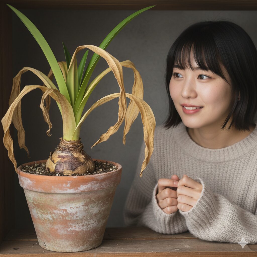 アマリリス 花が咲かない9　完全断水により葉が枯れ、休眠スイッチが入ったアマリリスの冬越し準備