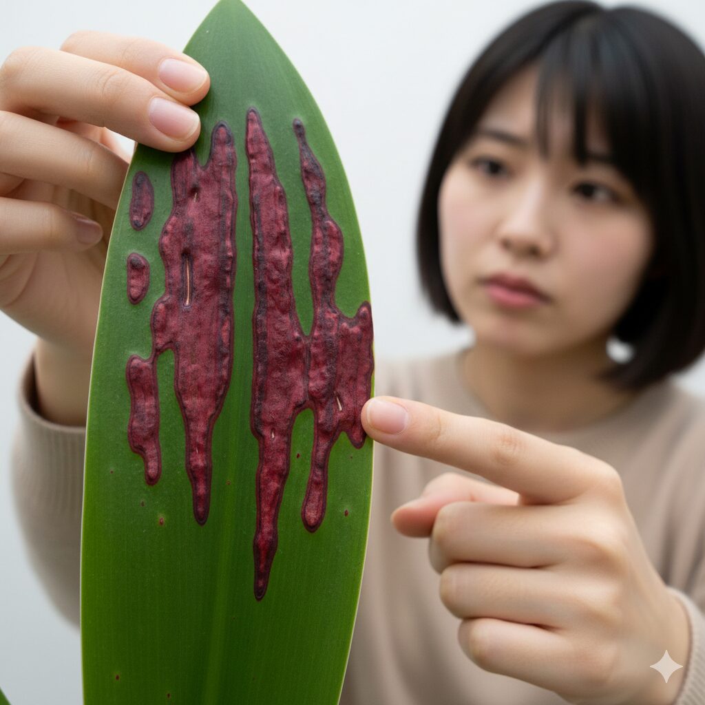 アマリリス 開花時期10　アマリリスの葉に発生した赤斑病の症状。病害虫対策と予防。