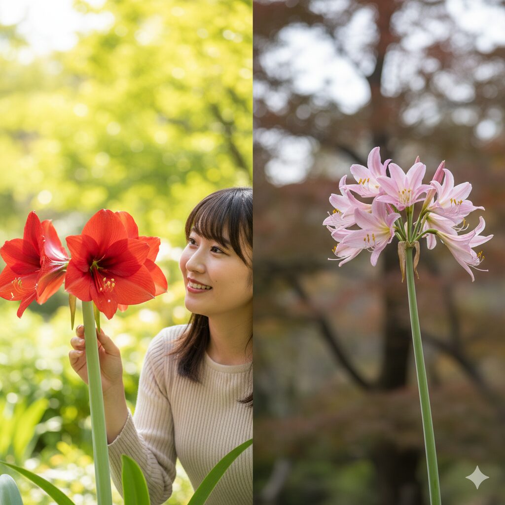 アマリリス 開花時期2　春咲きと秋咲きのアマリリスの比較。季節による開花時期の違い。
