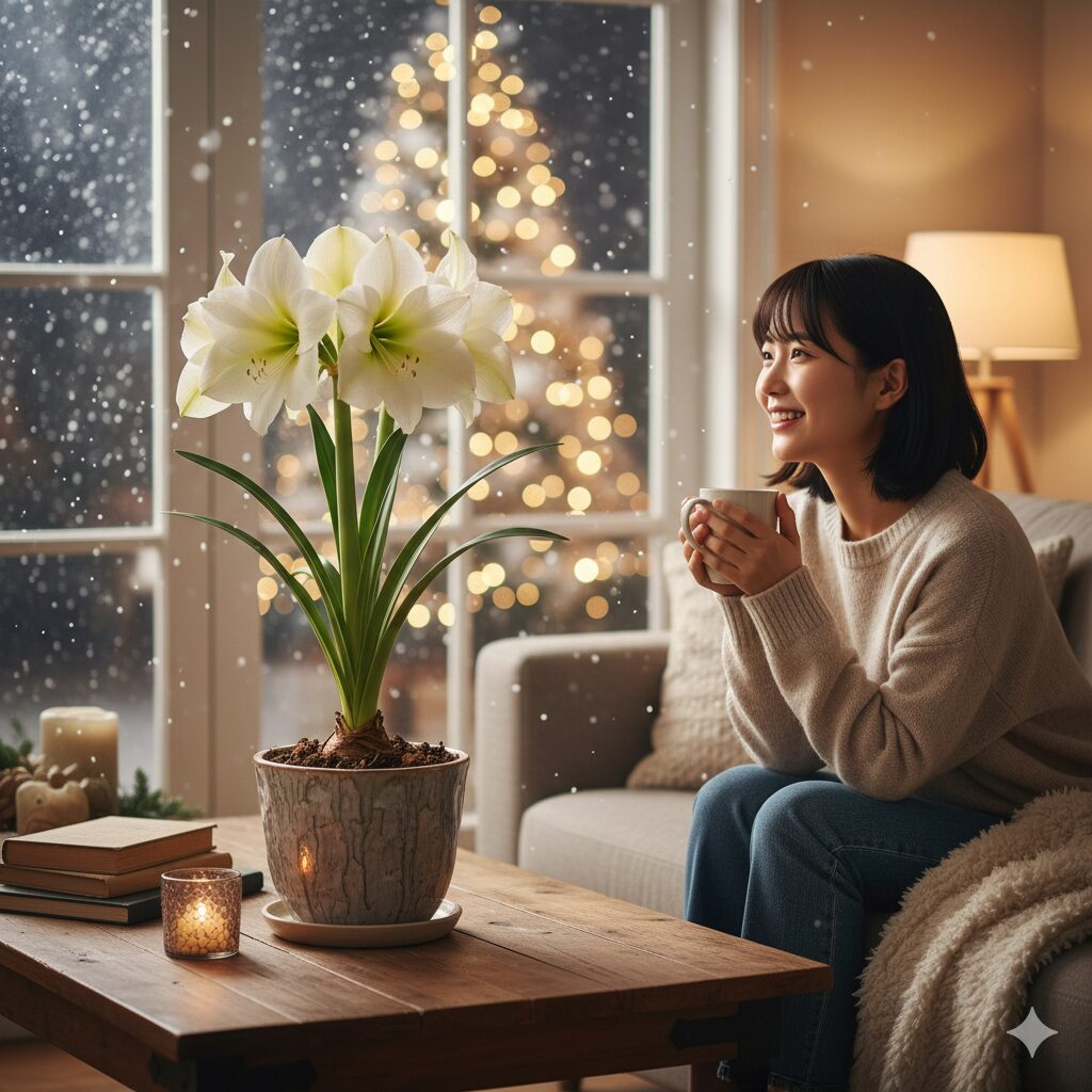 アマリリス 開花時期3　冬の室内で楽しむ促成栽培のアマリリス。クリスマスの時期の開花例。