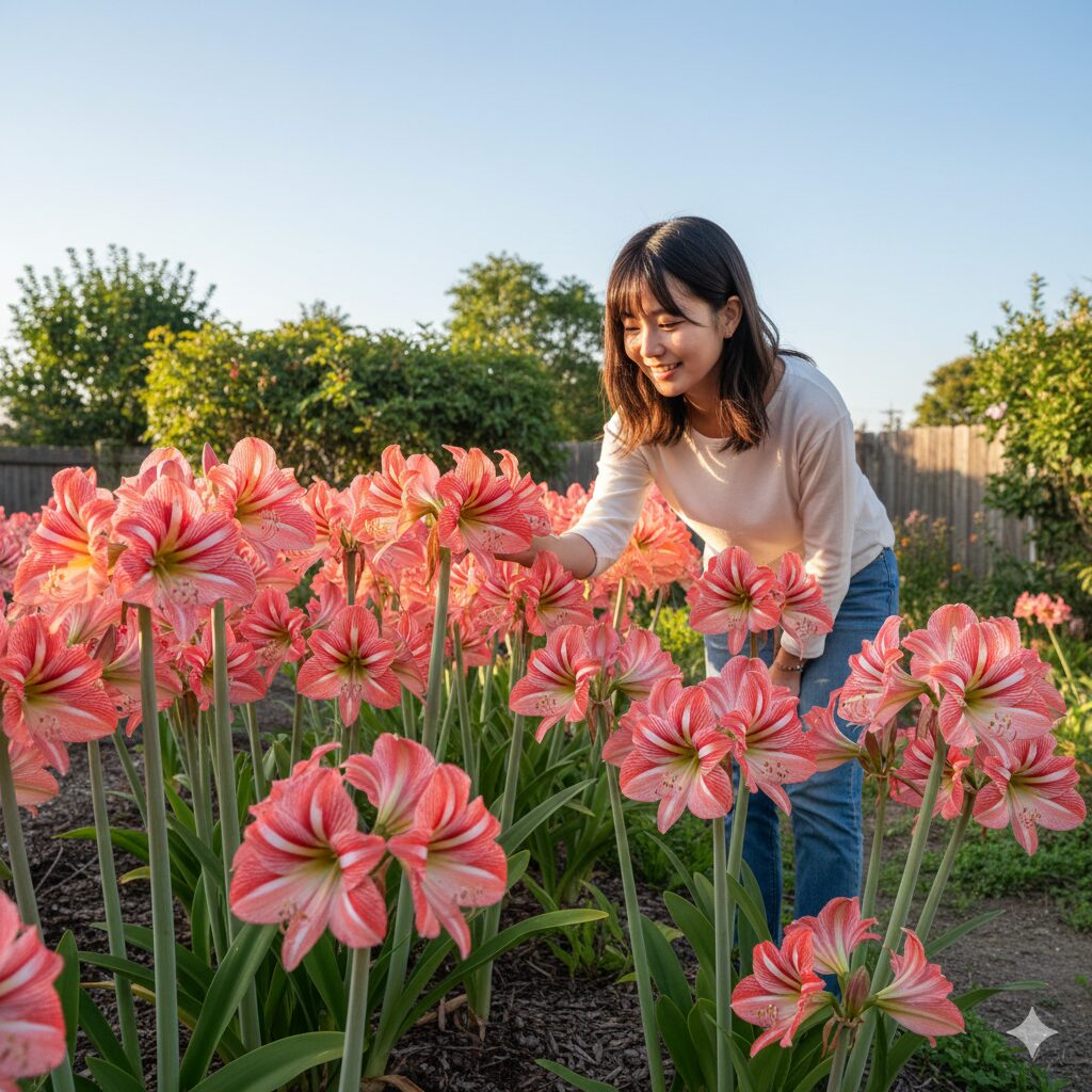 アマリリス 開花時期4　庭に地植えされた耐寒性ガーデンアマリリス。屋外での開花時期の様子。