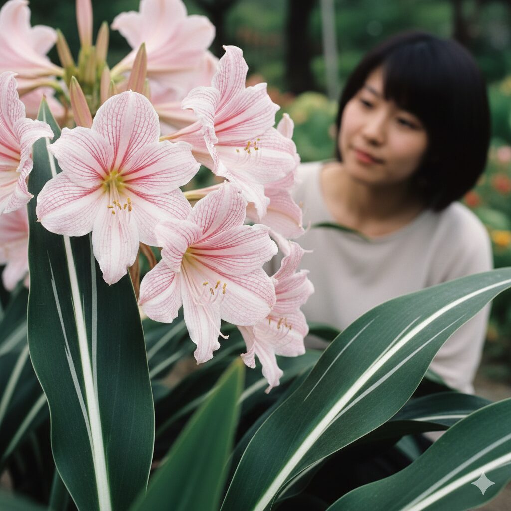 アマリリス 開花時期5　葉に白い筋が入ったシロスジアマリリス。秋に咲く花と葉の特徴。