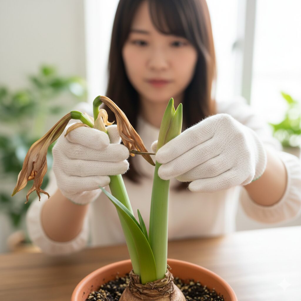 アマリリス 開花時期7　アマリリスの花がら摘みのやり方。翌年の開花時期に向けた手入れ。