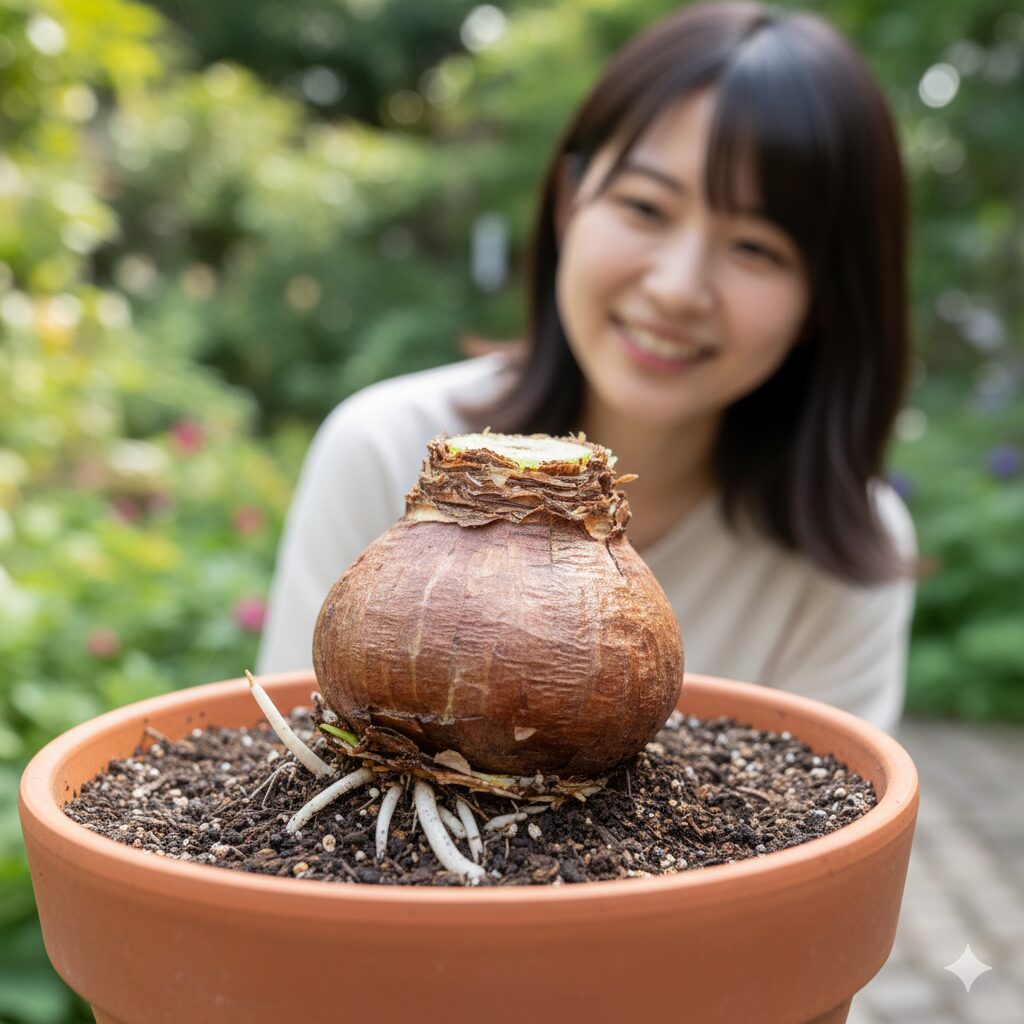 アマリリス 開花時期8　アマリリス球根の正しい浅植えの状態。腐敗を防ぐ植え付け方法。
