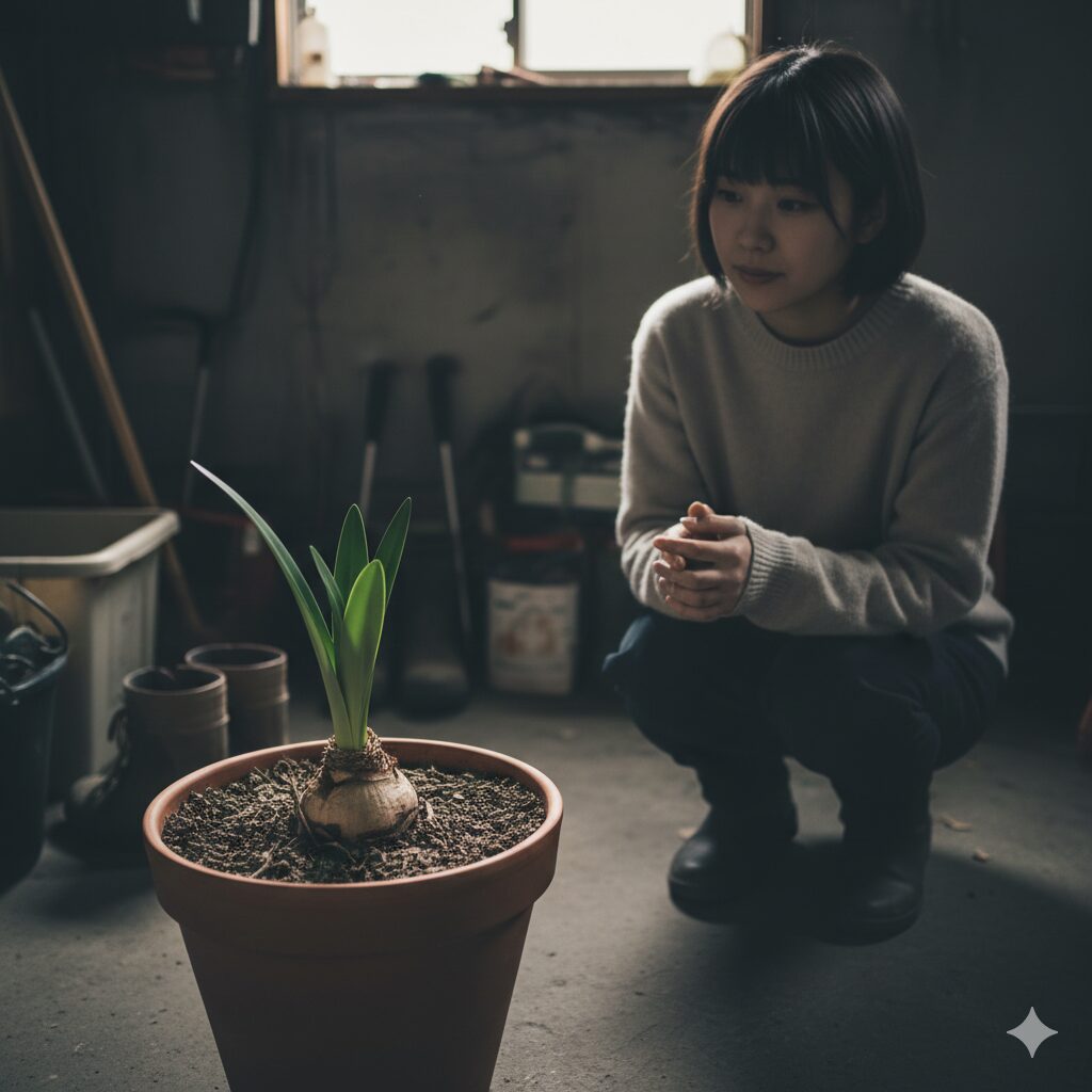 アマリリス 開花時期9　冬の休眠管理中のアマリリスの鉢。開花時期を調整する断水と保管。