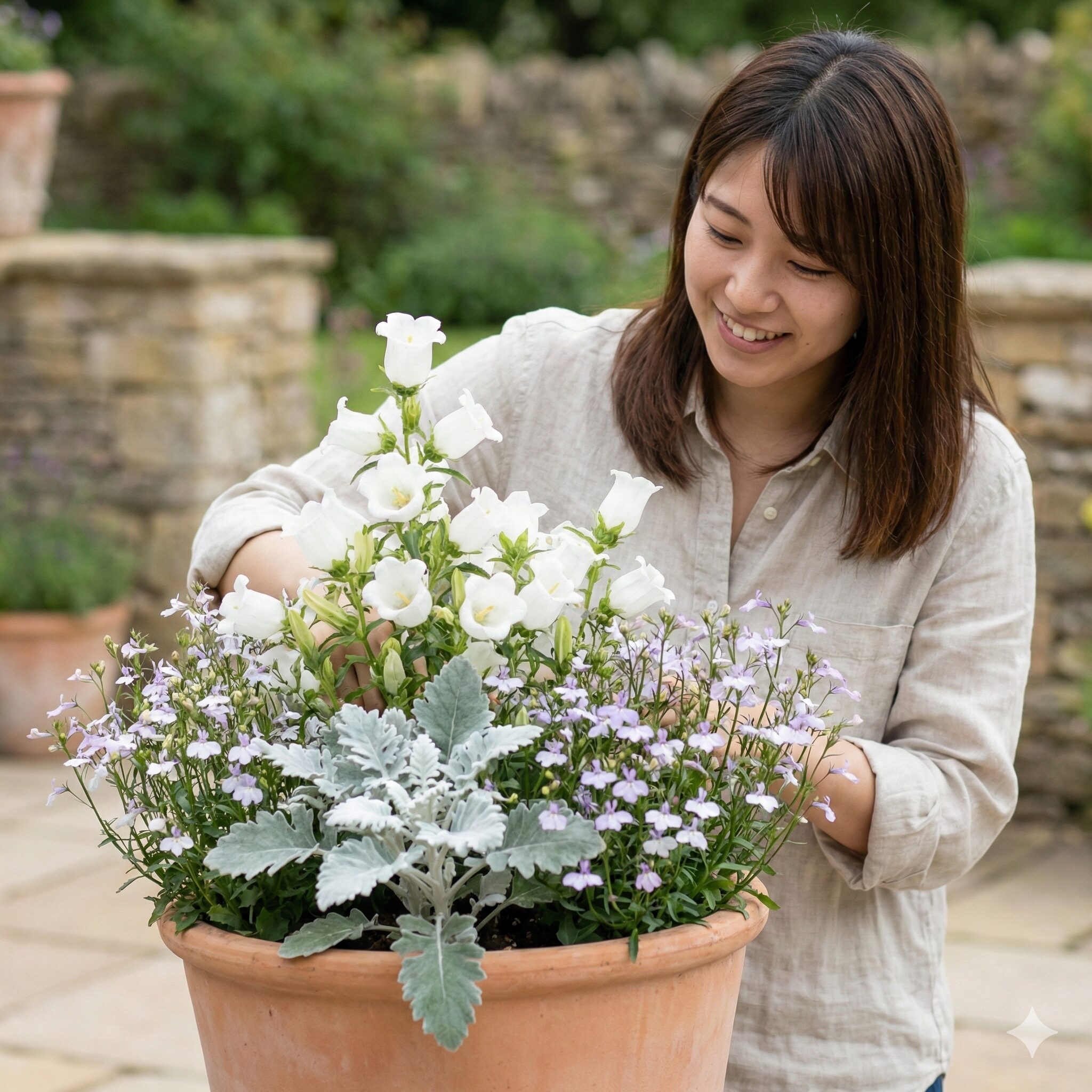 カンパニュラ ホワイトライクミー 育て方10　カンパニュラ ホワイトライクミーとシルバーリーフを組み合わせた上品な寄せ植え