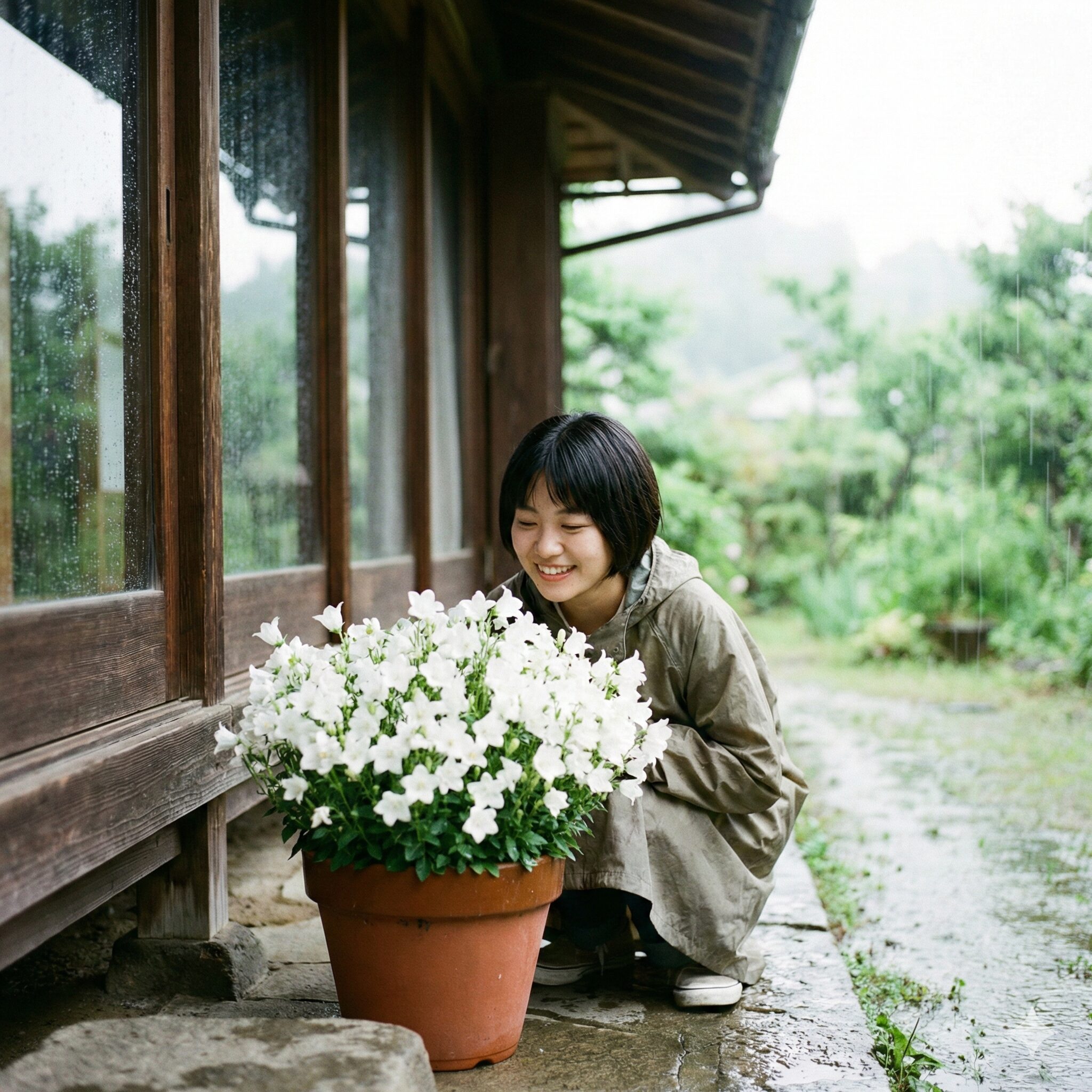 カンパニュラ ホワイトライクミー 育て方3　開花中の雨から守るために軒下に避難させたカンパニュラの鉢植え