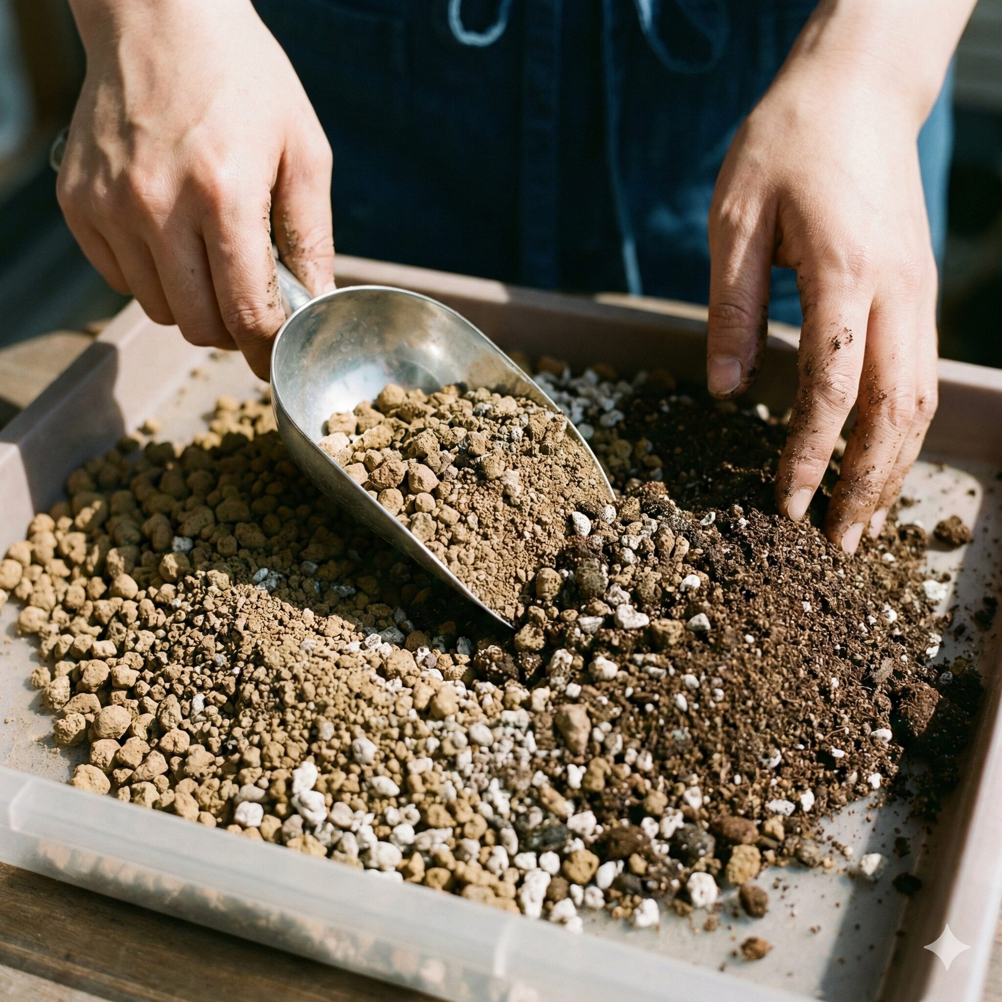 カンパニュラ ホワイトライクミー 育て方4　カンパニュラ ホワイトライクミーに最適な水はけの良いブレンド用土を作る様子