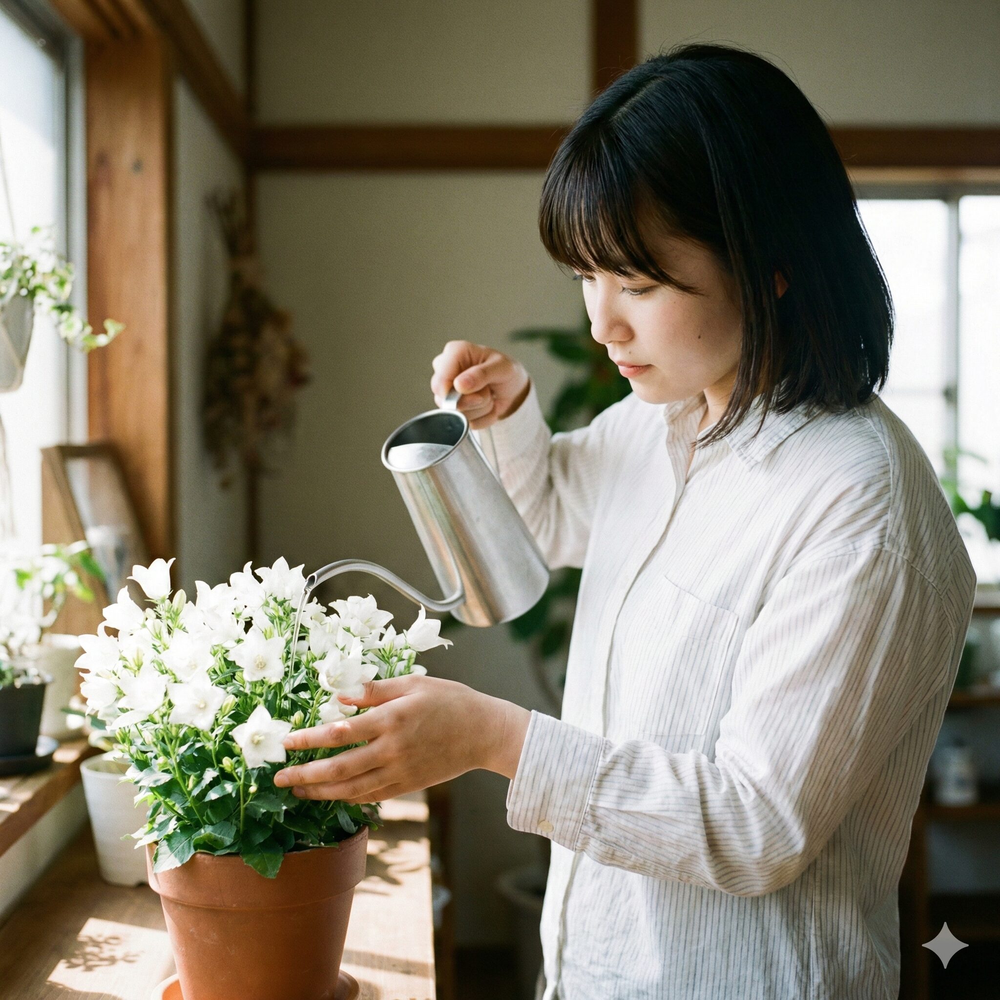カンパニュラ ホワイトライクミー 育て方5　花や葉を濡らさないようにジョウロで株元に水やりをする方法