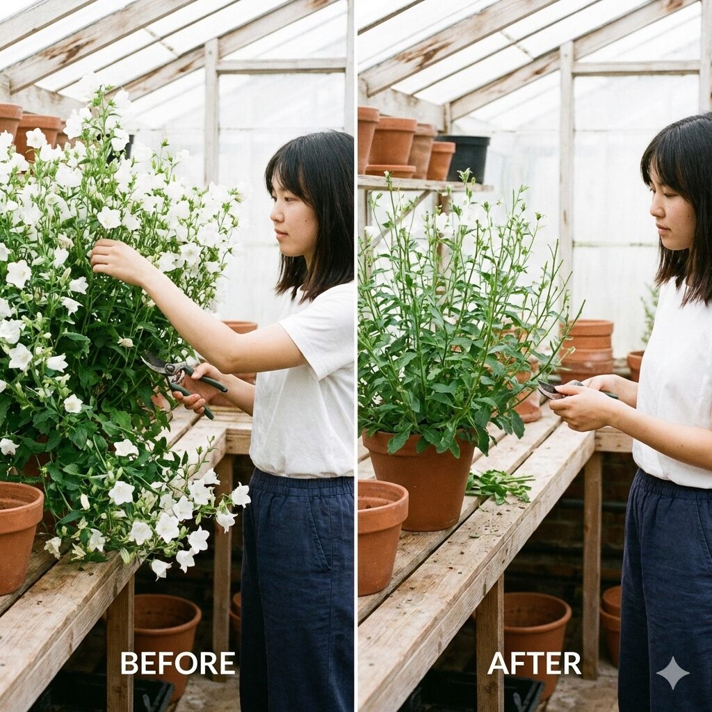 カンパニュラ ホワイトライクミー 育て方7　夏の蒸れ対策としてカンパニュラ ホワイトライクミーを切り戻し・剪定する作業