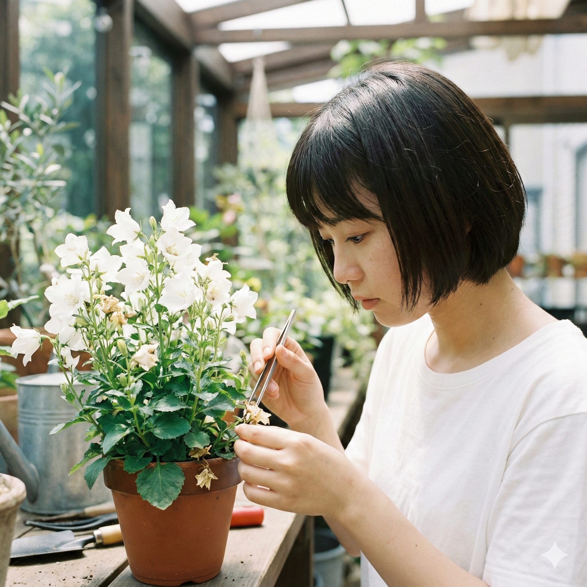 カンパニュラ ホワイトライクミー 育て方9　灰色かび病を予防するためにカンパニュラの花がら摘みをする女性