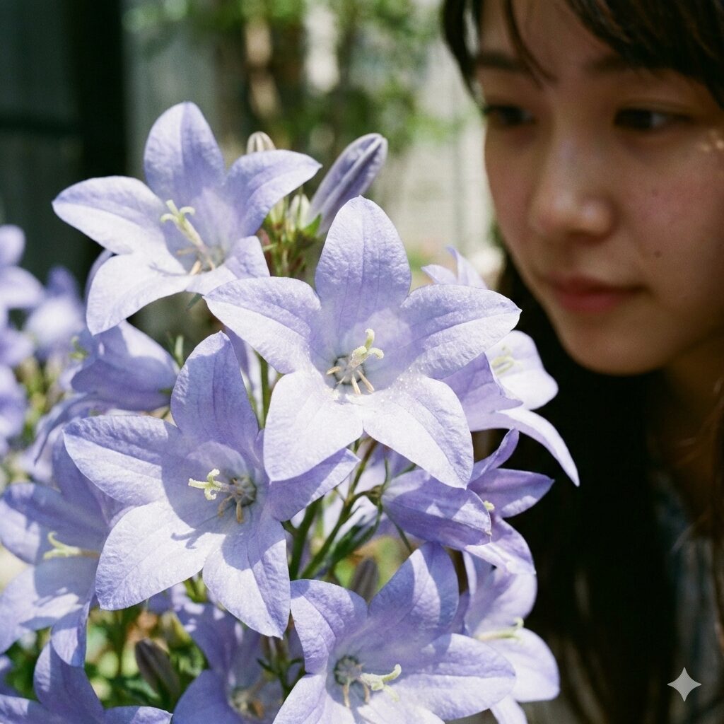 カンパニュラ メリーベル 地植え2　上向きに咲くカンパニュラ・メリーベルのベル型の花のアップ