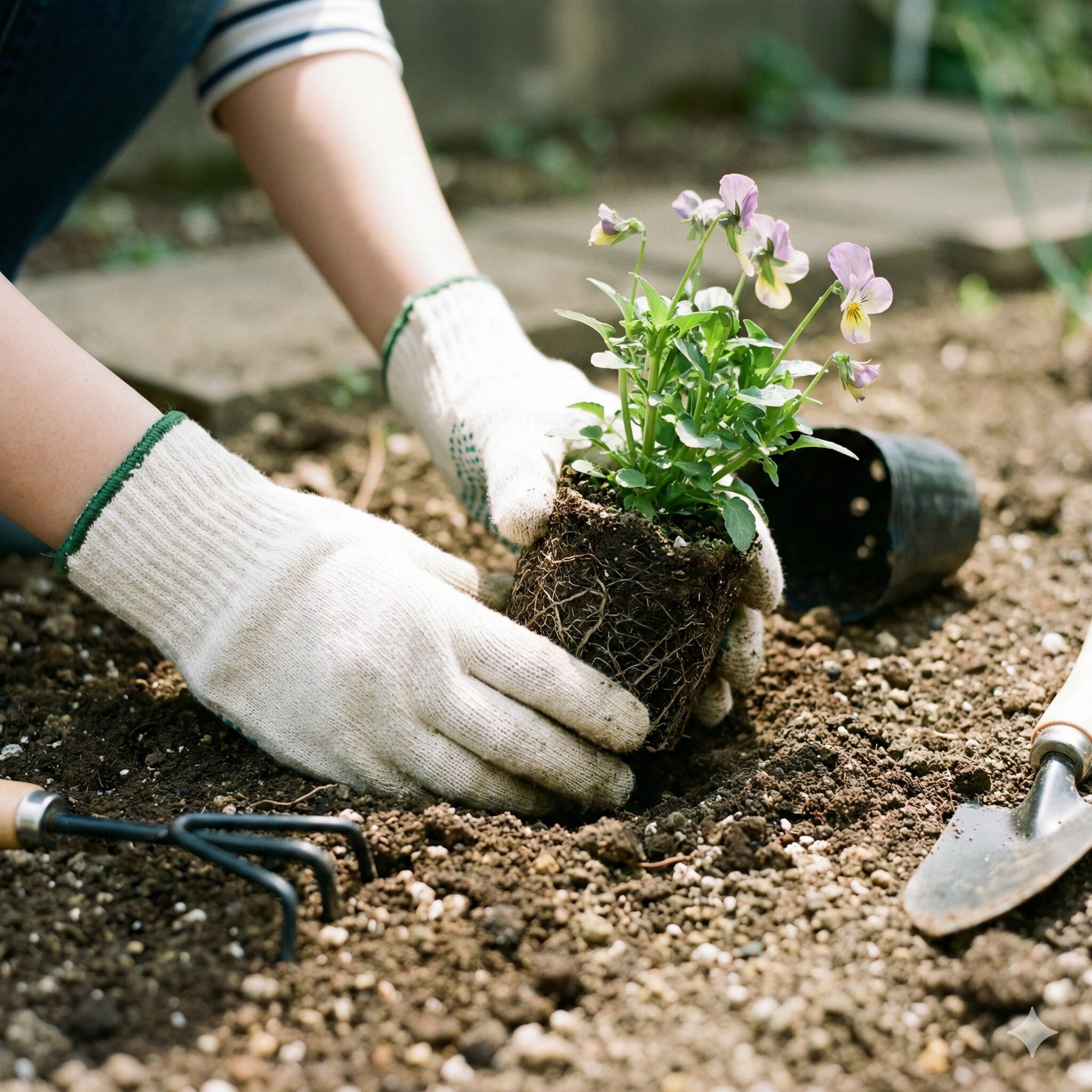 カンパニュラ メリーベル 地植え3　カンパニュラ・メリーベルの苗を深植えせずに正しい高さで地植えする様子