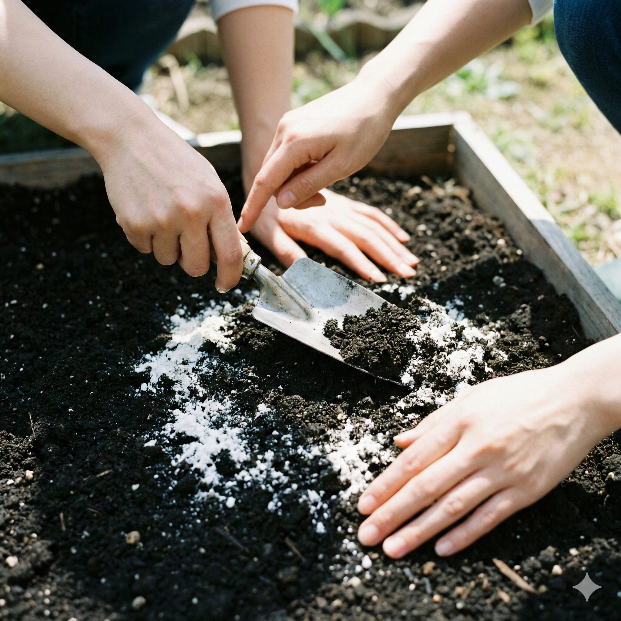 カンパニュラ メリーベル 地植え4　地植えの前に苦土石灰を混ぜて庭の土壌を酸度調整する作業