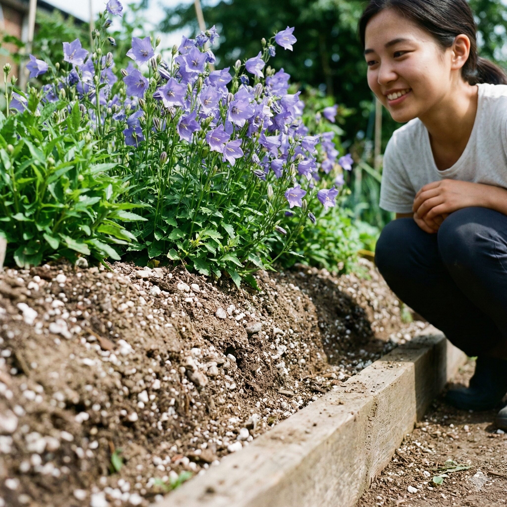 カンパニュラ メリーベル 地植え6　水はけを改善するために高畝（盛り土）に植えられたカンパニュラ・メリーベル