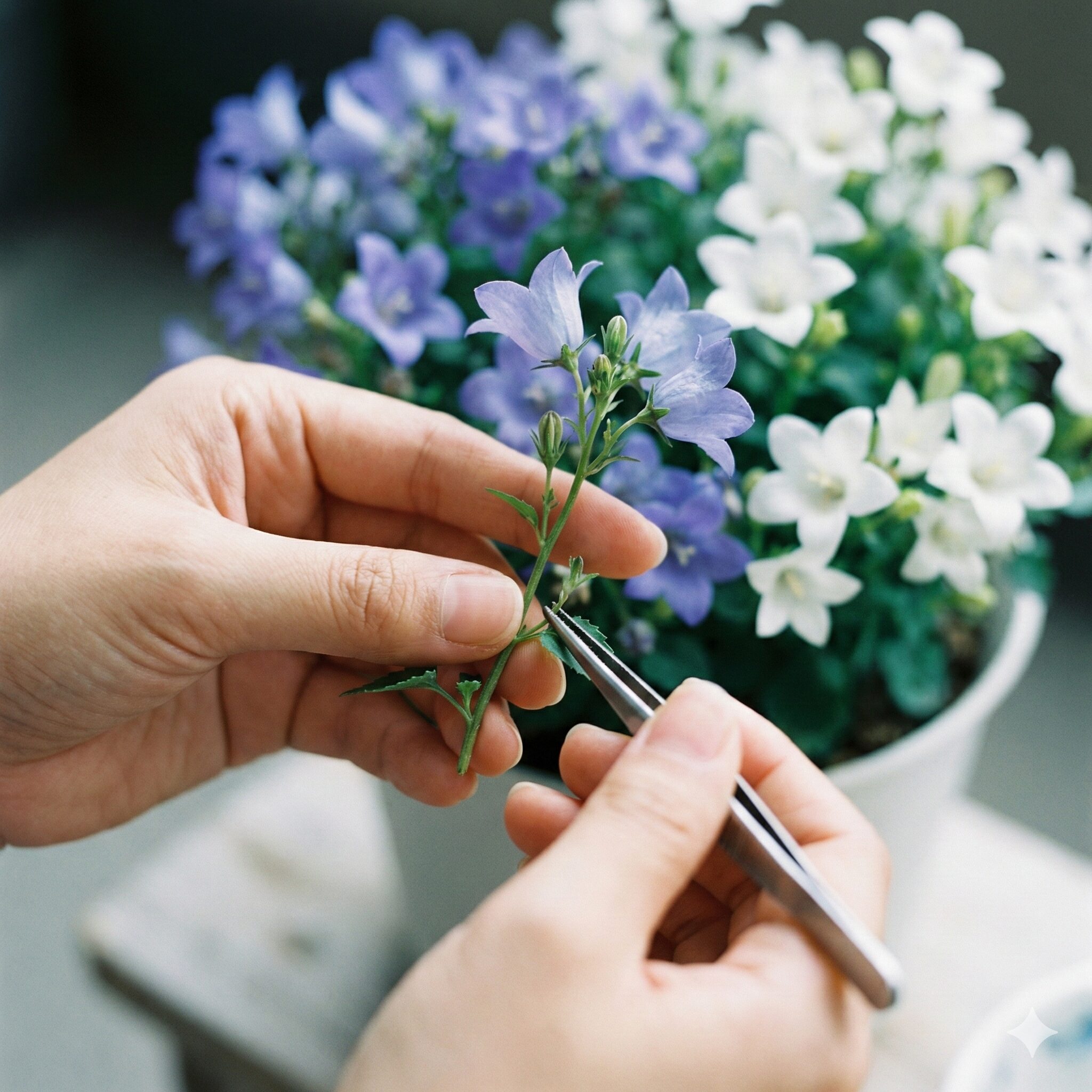 カンパニュラ 挿し木2　ピンセットでベルフラワーの挿し穂の下葉を丁寧に取り除く作業