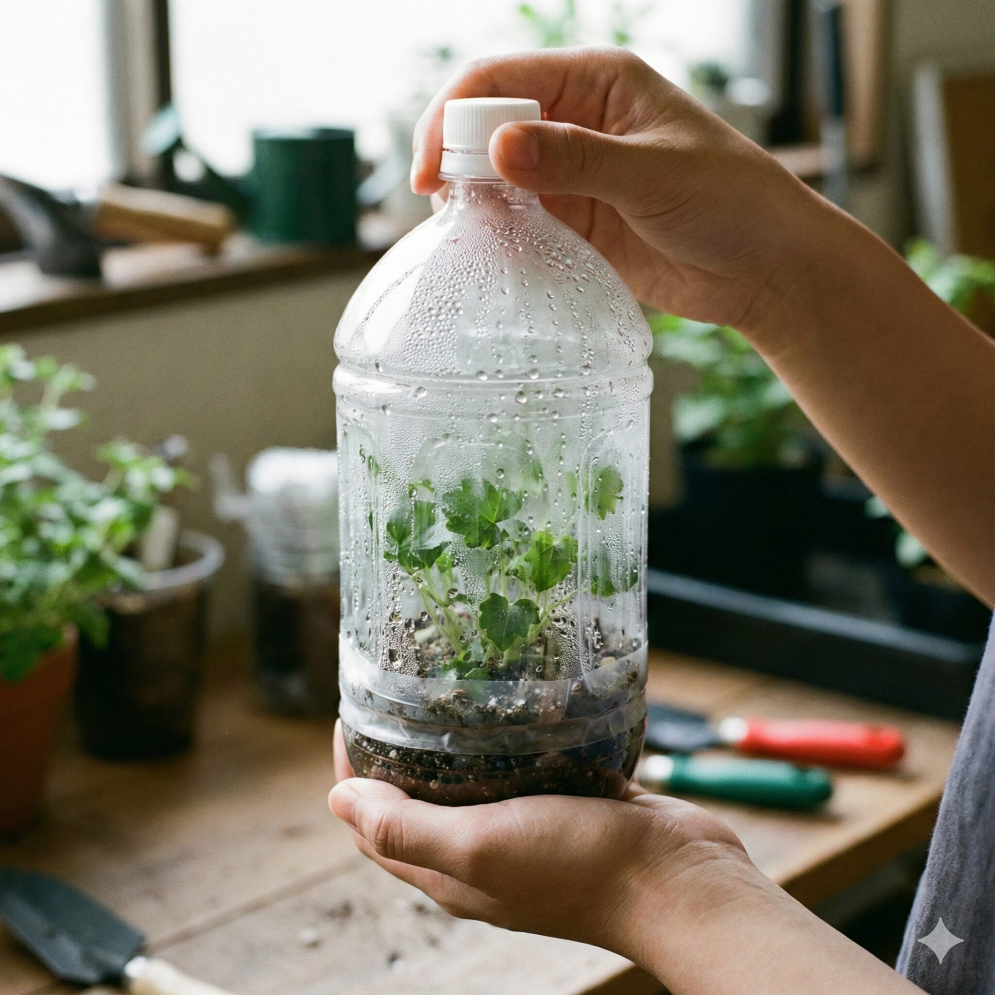 カンパニュラ 挿し木8　カンパニュラの活着率を高めるペットボトル密閉挿しの自作容器