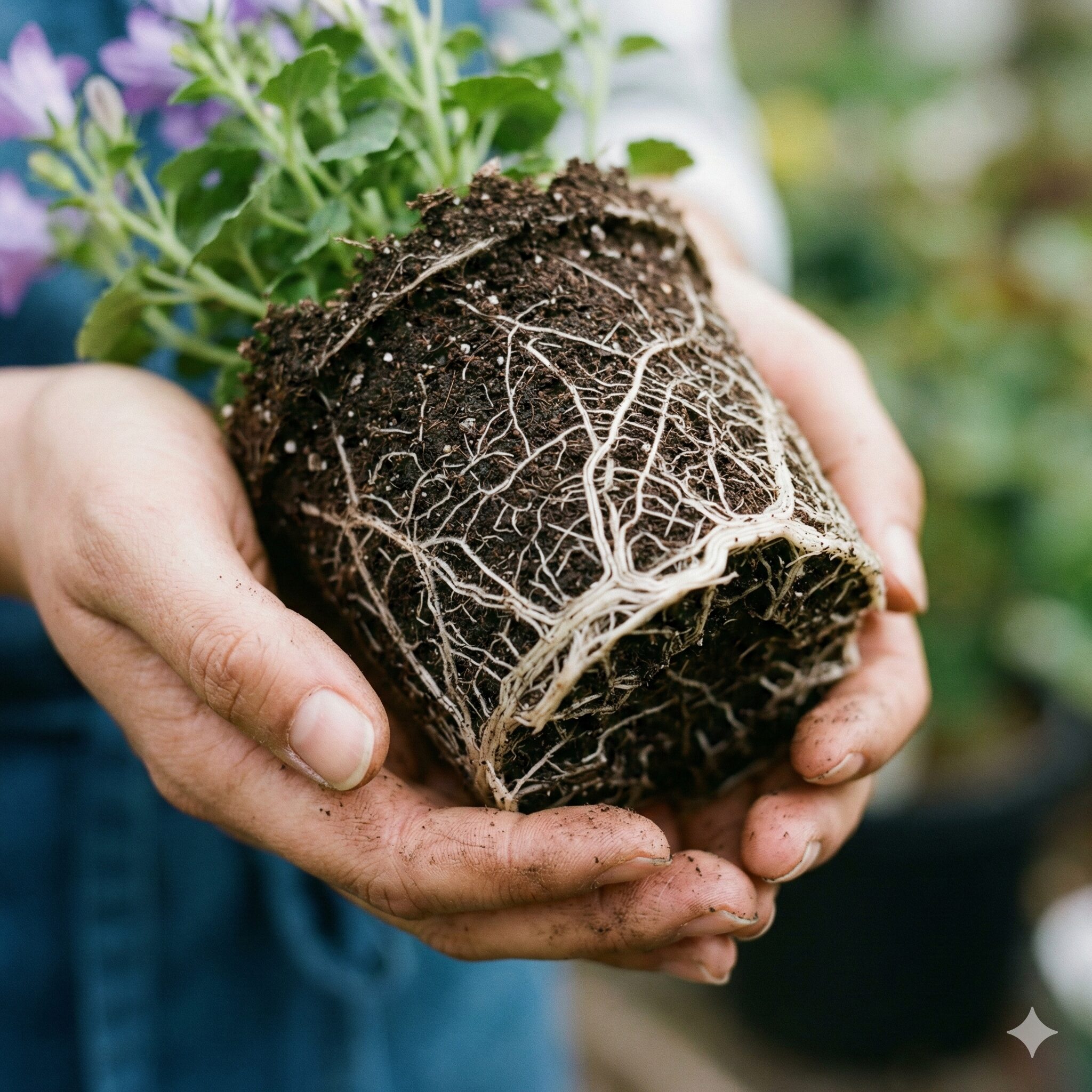 カンパニュラ 挿し木9　カンパニュラの鉢上げタイミングを示す健康的な白い根の回り具合