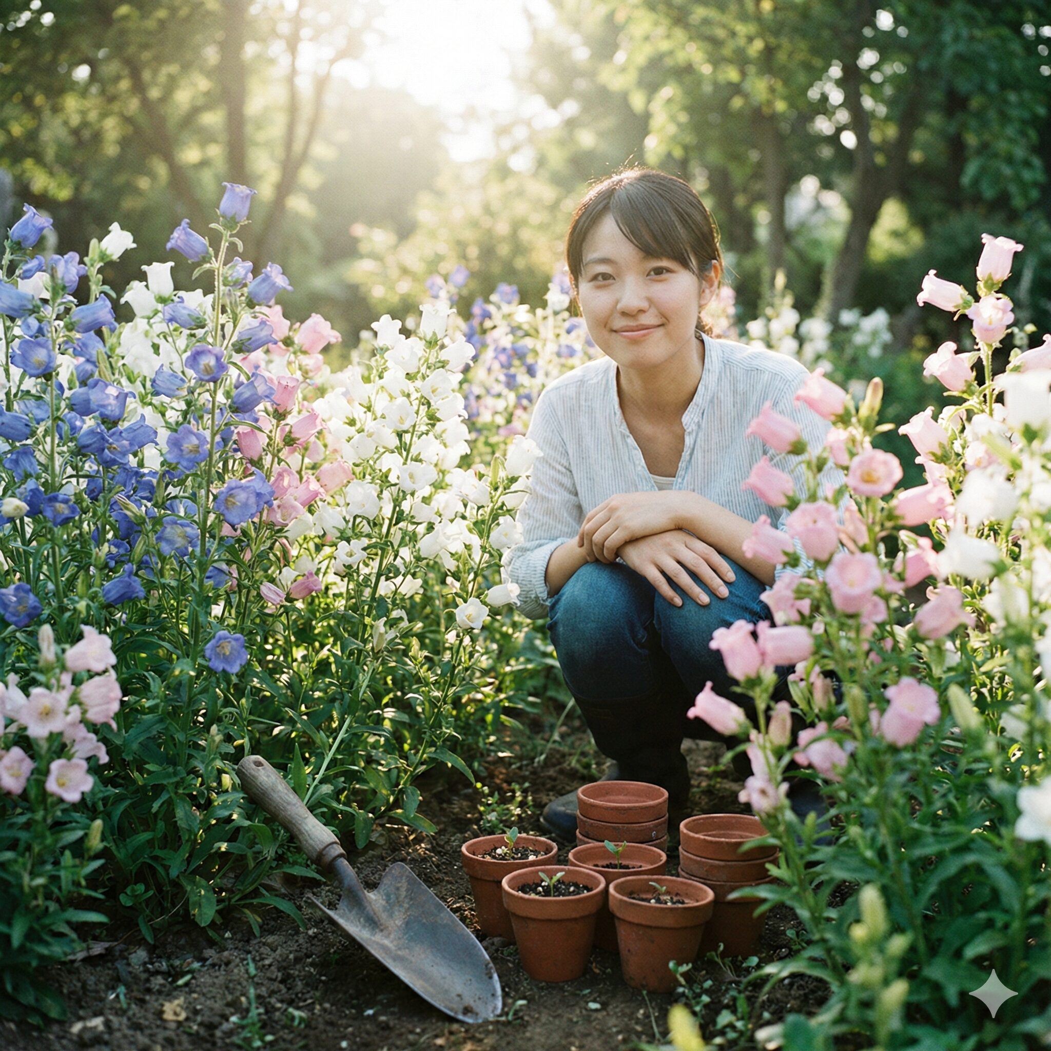 カンパニュラ 種まき 時期1　庭で美しく満開に咲いた多色のカンパニュラと園芸道具。種から育てるカンパニュラ栽培のイメージ。