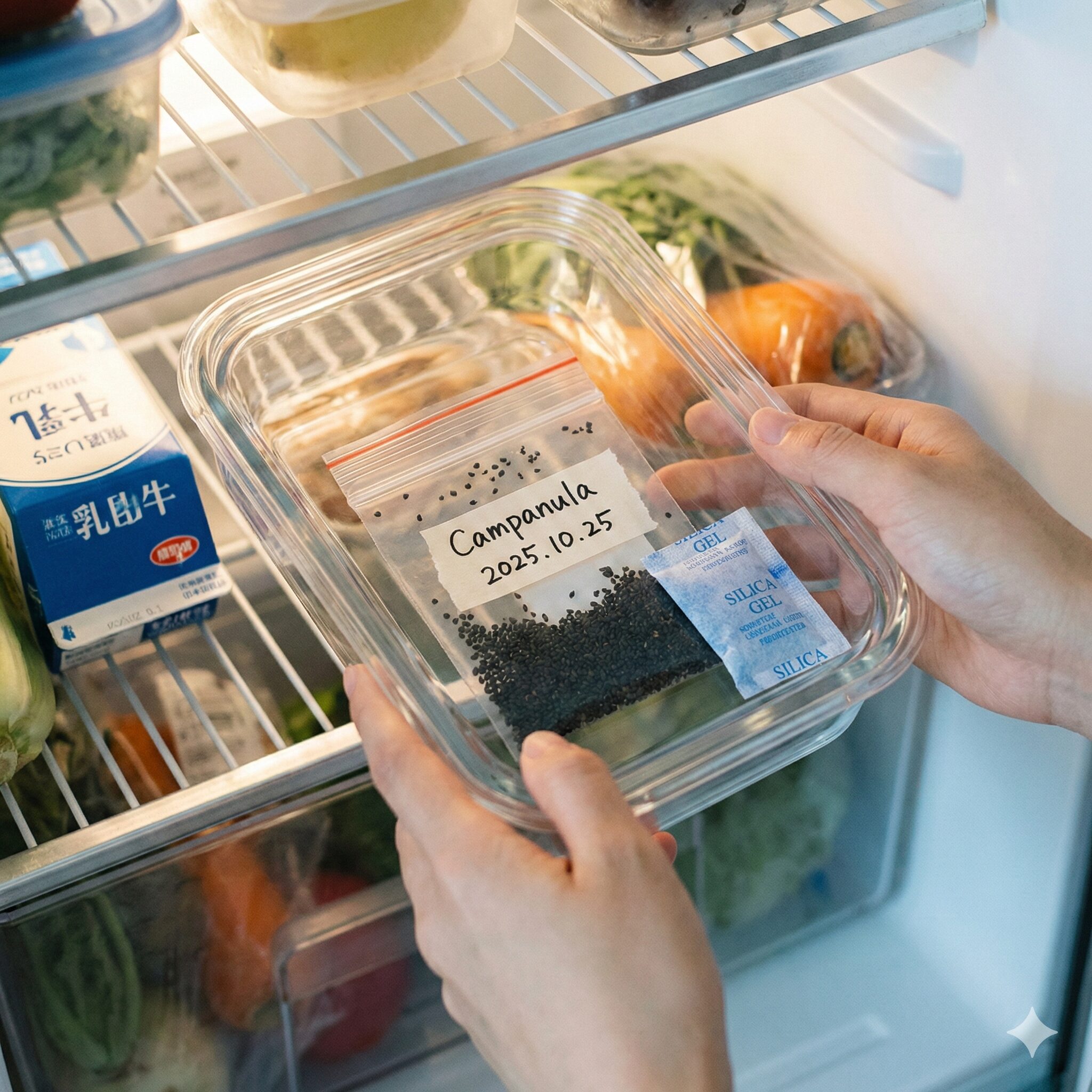 カンパニュラ 種まき 時期10　乾燥剤と一緒に密閉容器に入れ、冷蔵庫で保管される自家採種したカンパニュラの種。