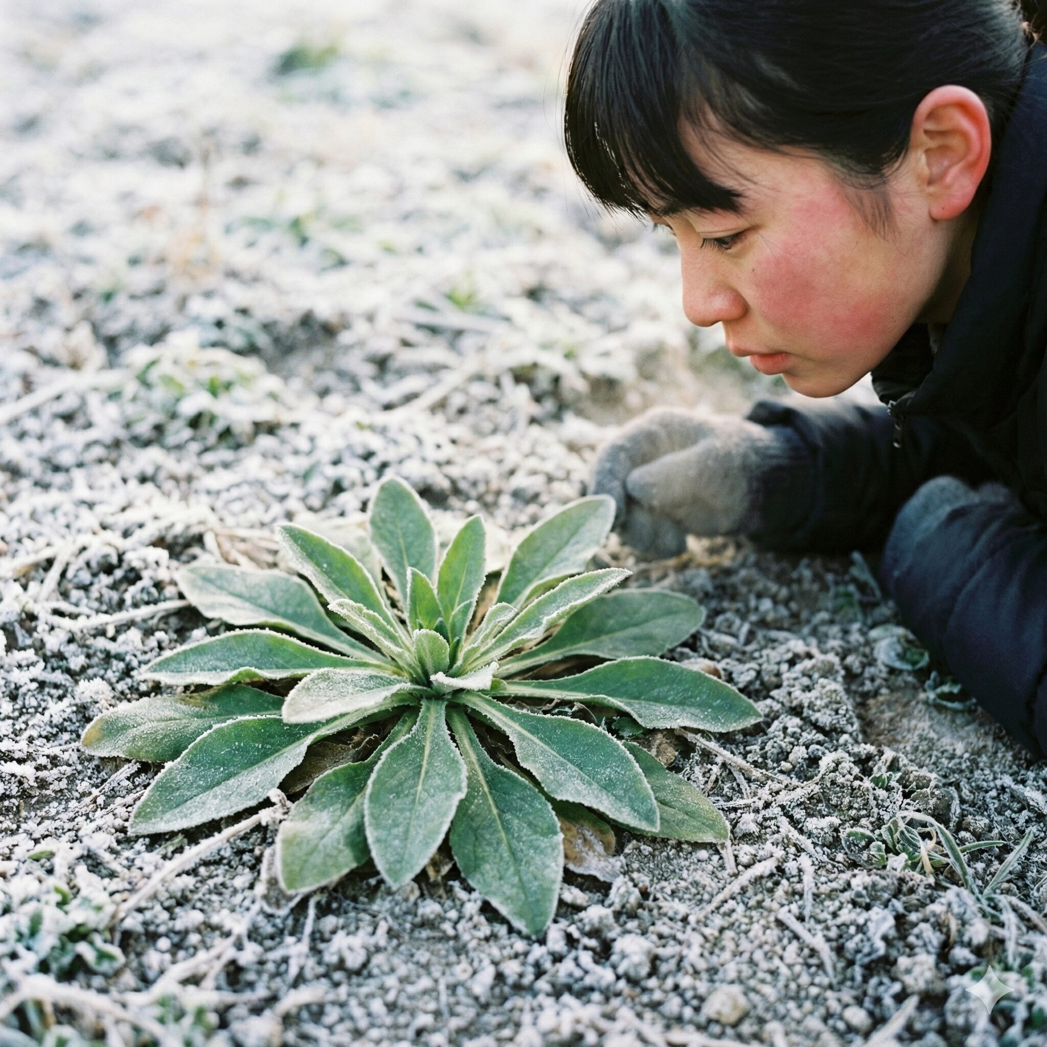 カンパニュラ 種まき 時期2　カンパニュラ・メジュームが冬を越すためのロゼット状の苗。地面に葉を広げて寒さに耐える様子。