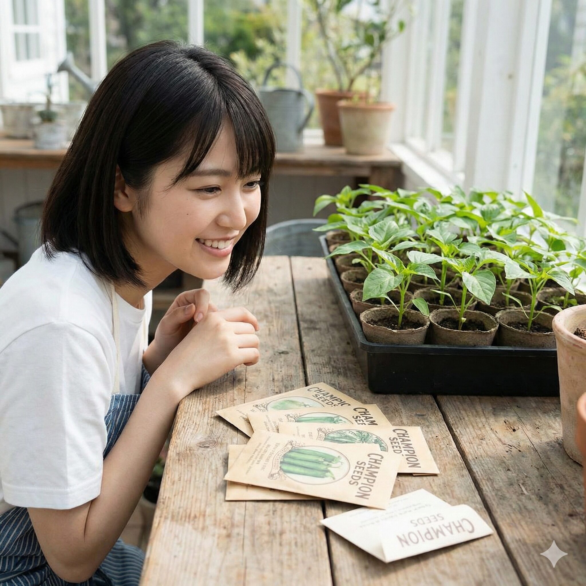 カンパニュラ 種まき 時期4　カンパニュラの人気シリーズ「チャンピオン」などの種袋と、発芽して間もない元気な若苗。