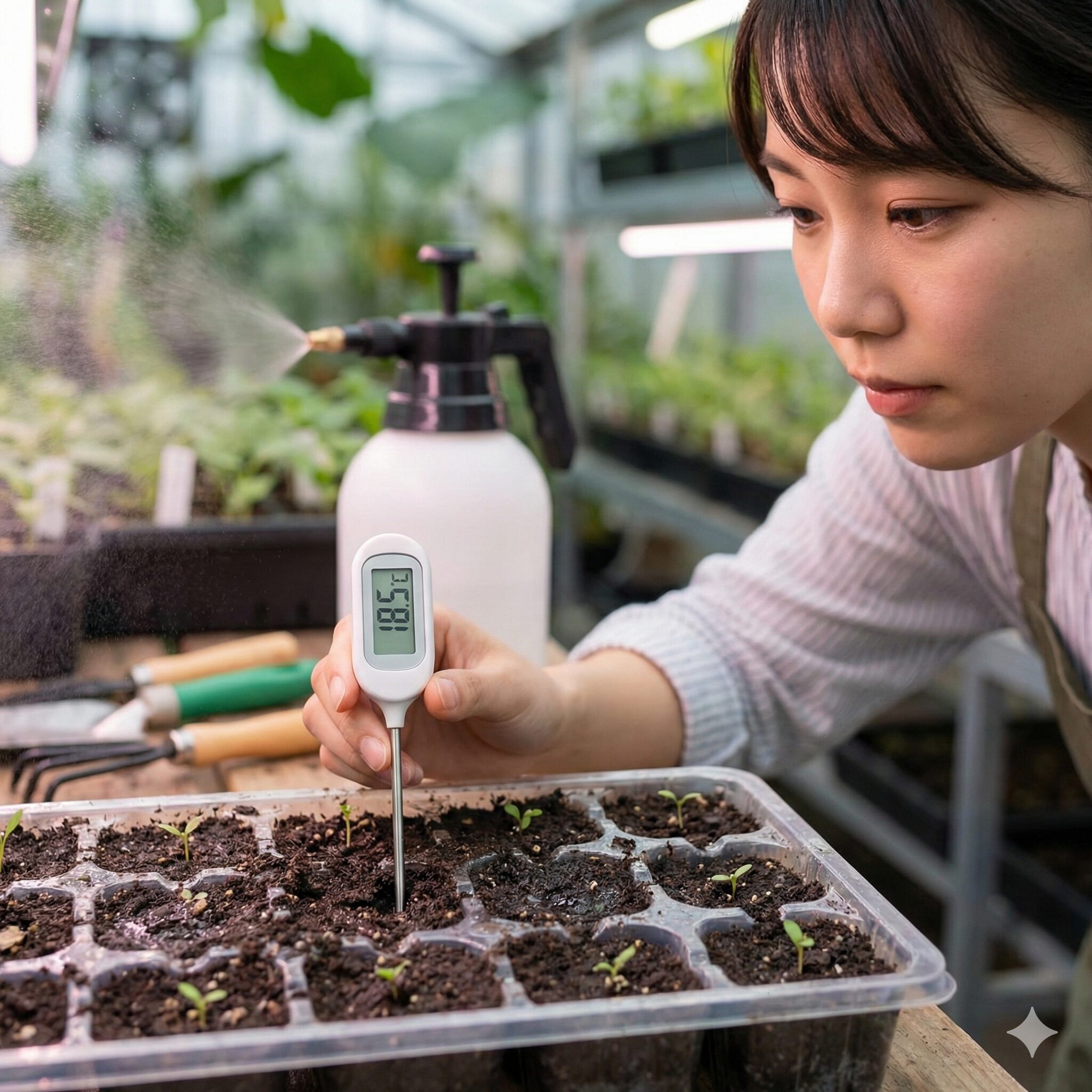 カンパニュラ 種まき 時期5　カンパニュラの発芽に適した18.5度を表示する地温計と、湿り気を保った育苗トレイ。