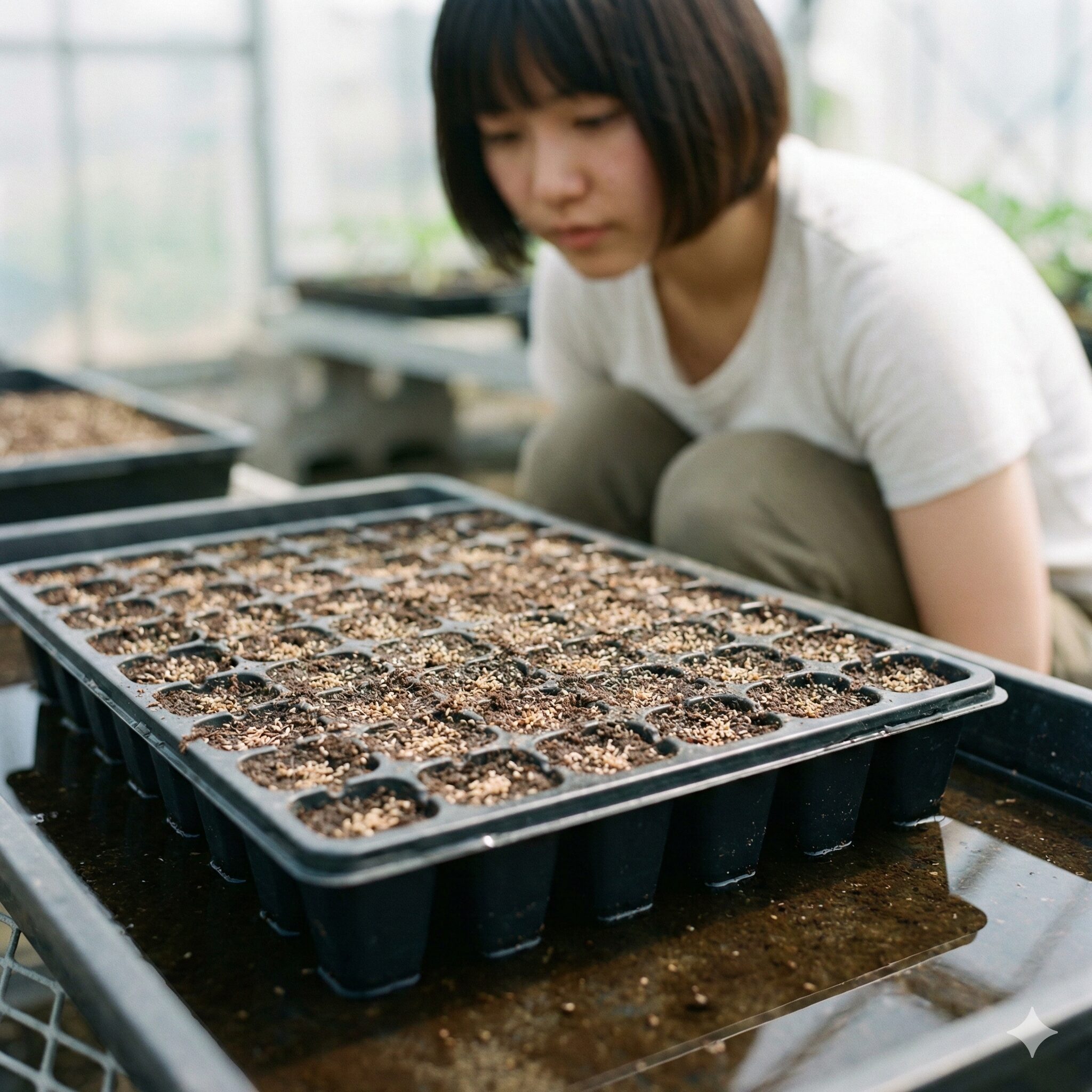 カンパニュラ 種まき 時期6　カンパニュラの好光性種子を育てるための底面吸水（腰水）の様子。土を被せない種まきの工夫。