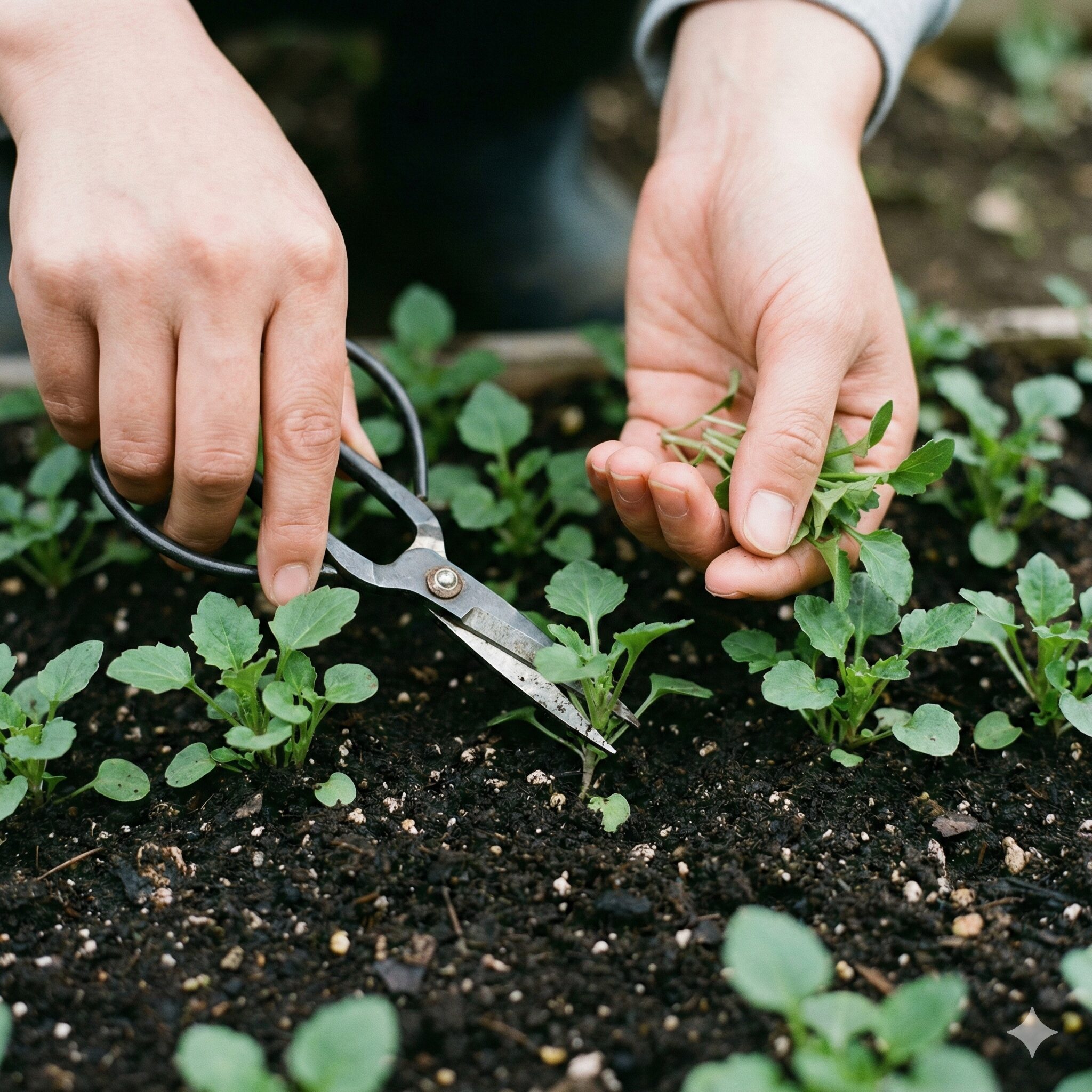 カンパニュラ 種まき 時期7　苗の徒長を防ぐために、ハサミを使ってカンパニュラの苗を間引く作業の様子。
