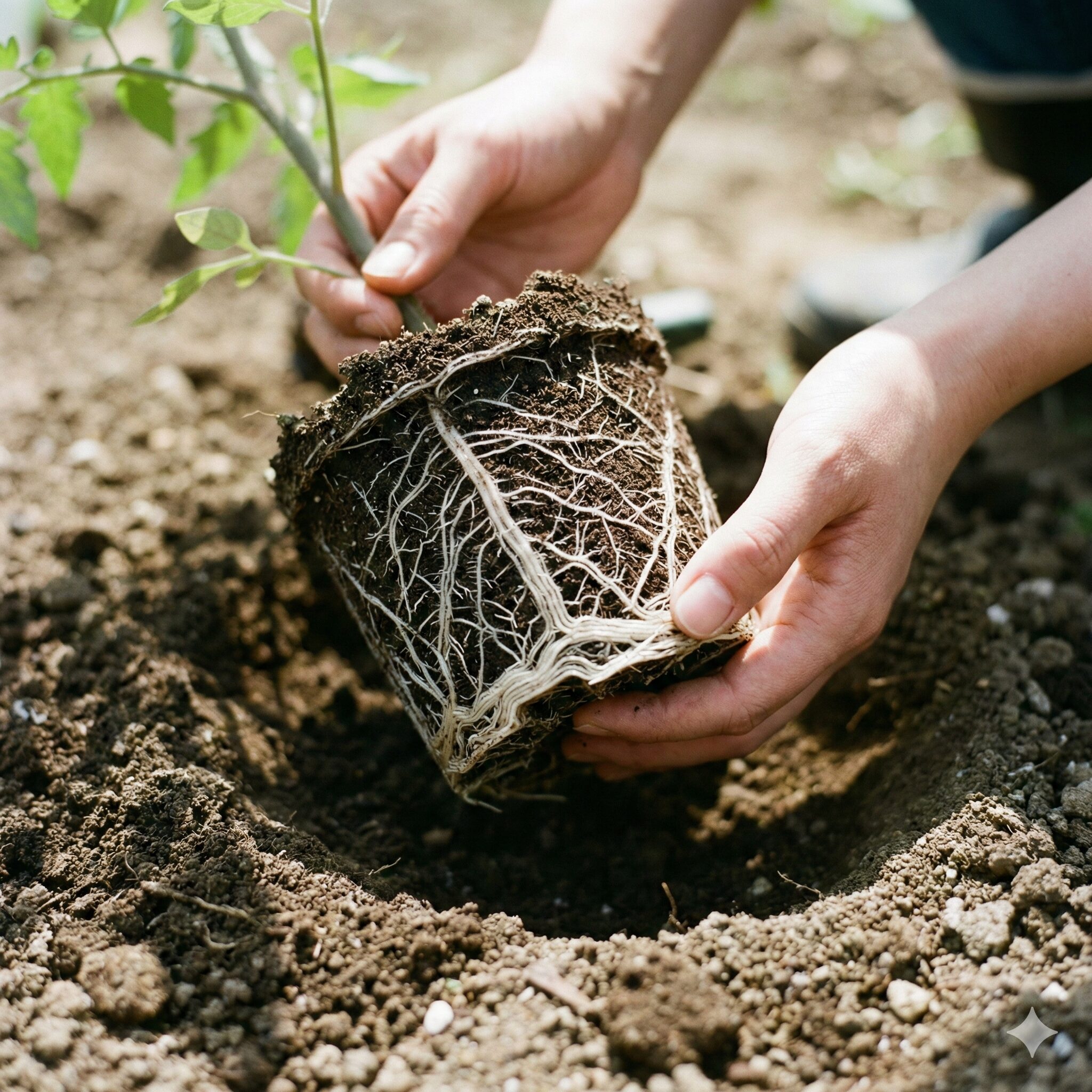 カンパニュラ 種まき 時期9　根鉢を崩さずにカンパニュラの苗を定植する様子。直根性を守るための植え替え方法。