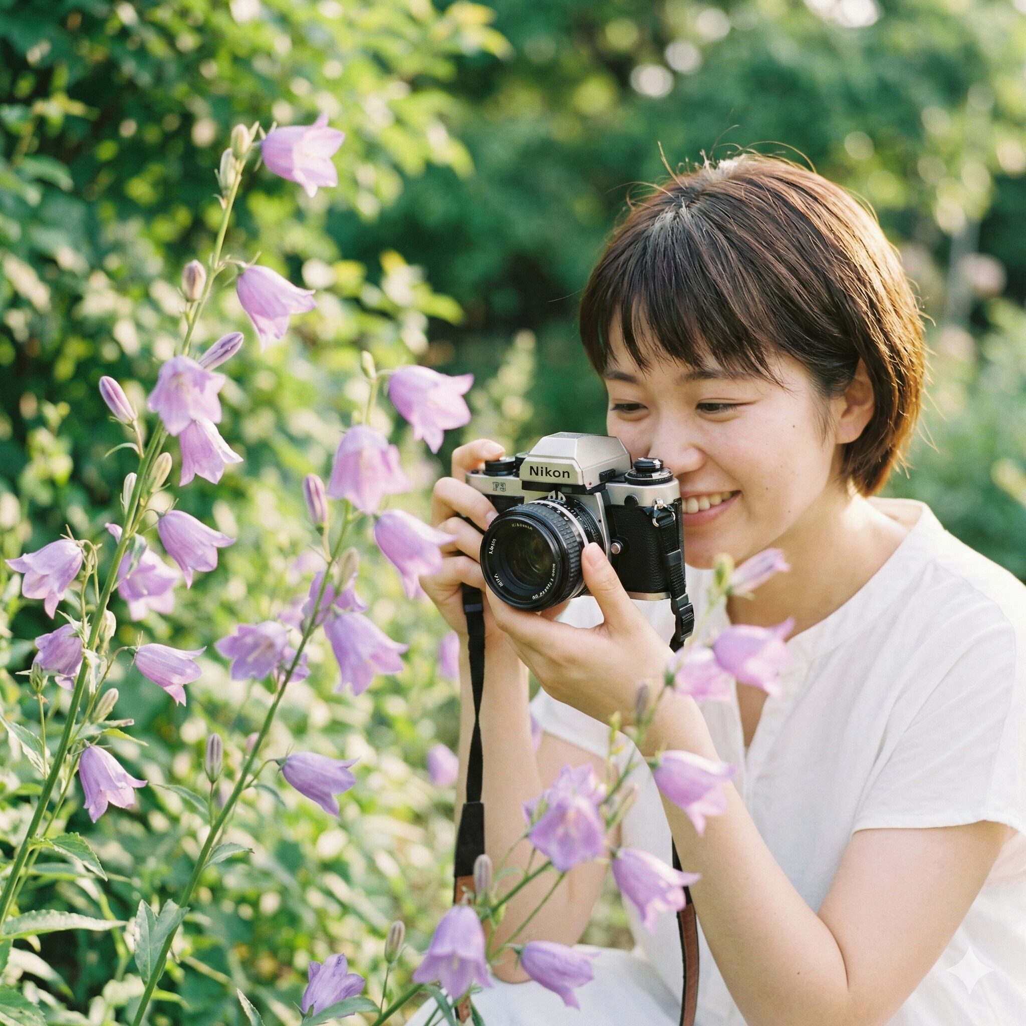 カンパニュラ 花言葉 うるさい1　初夏の庭で風に揺れる美しい紫色のカンパニュラの花