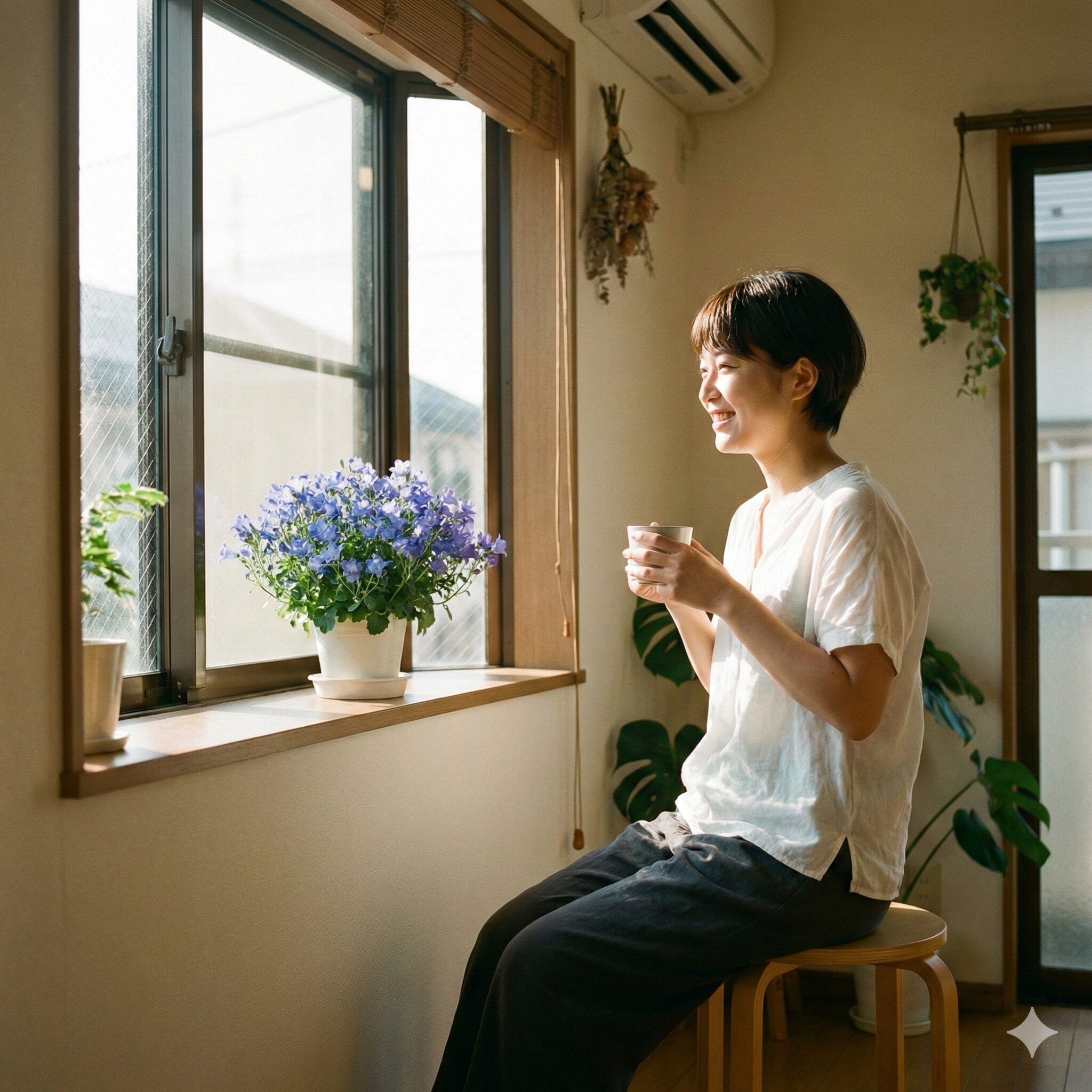 カンパニュラ 花言葉 うるさい10　風水的な幸運を呼び込むために東の窓辺に飾られたカンパニュラの鉢植え