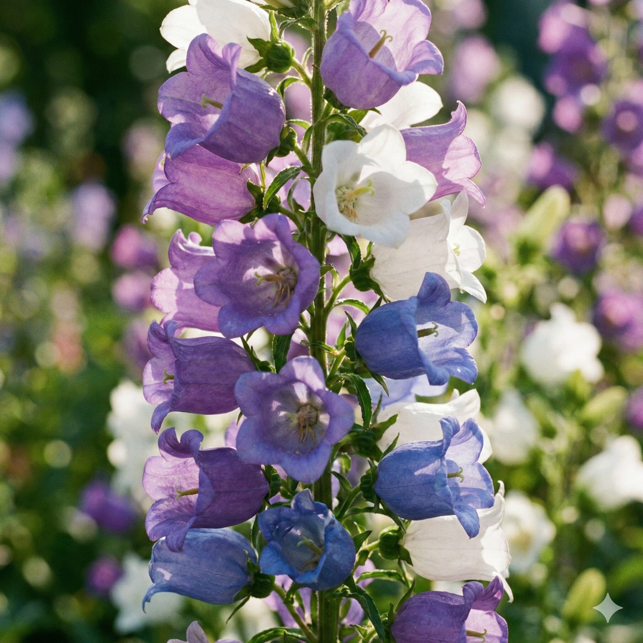 カンパニュラ 花言葉 うるさい2　茎に密集して咲き誇りまるでおしゃべりをしているようなカンパニュラの花々