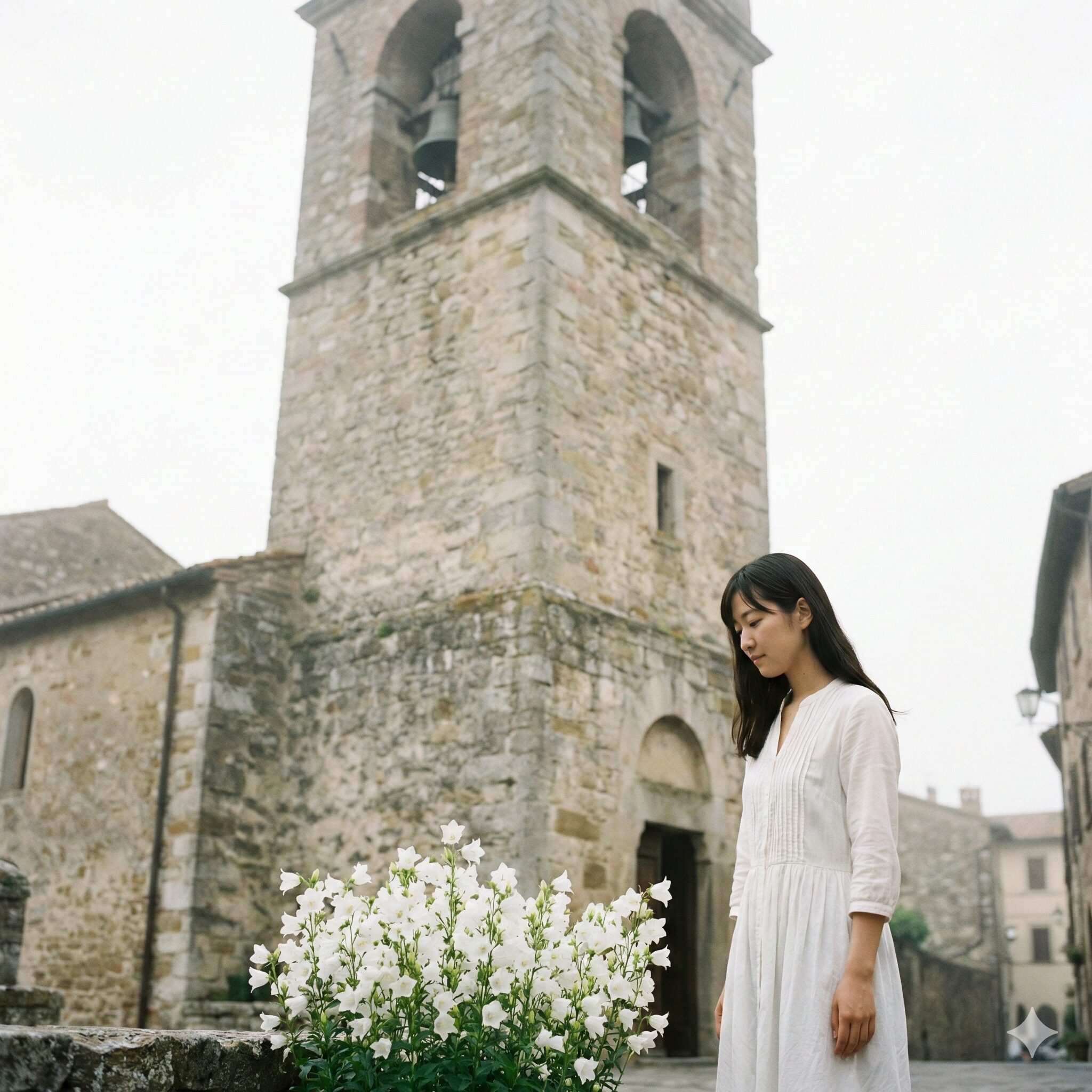 カンパニュラ 花言葉 うるさい6　教会の鐘楼と足元に咲く神聖な雰囲気の白いカンパニュラ