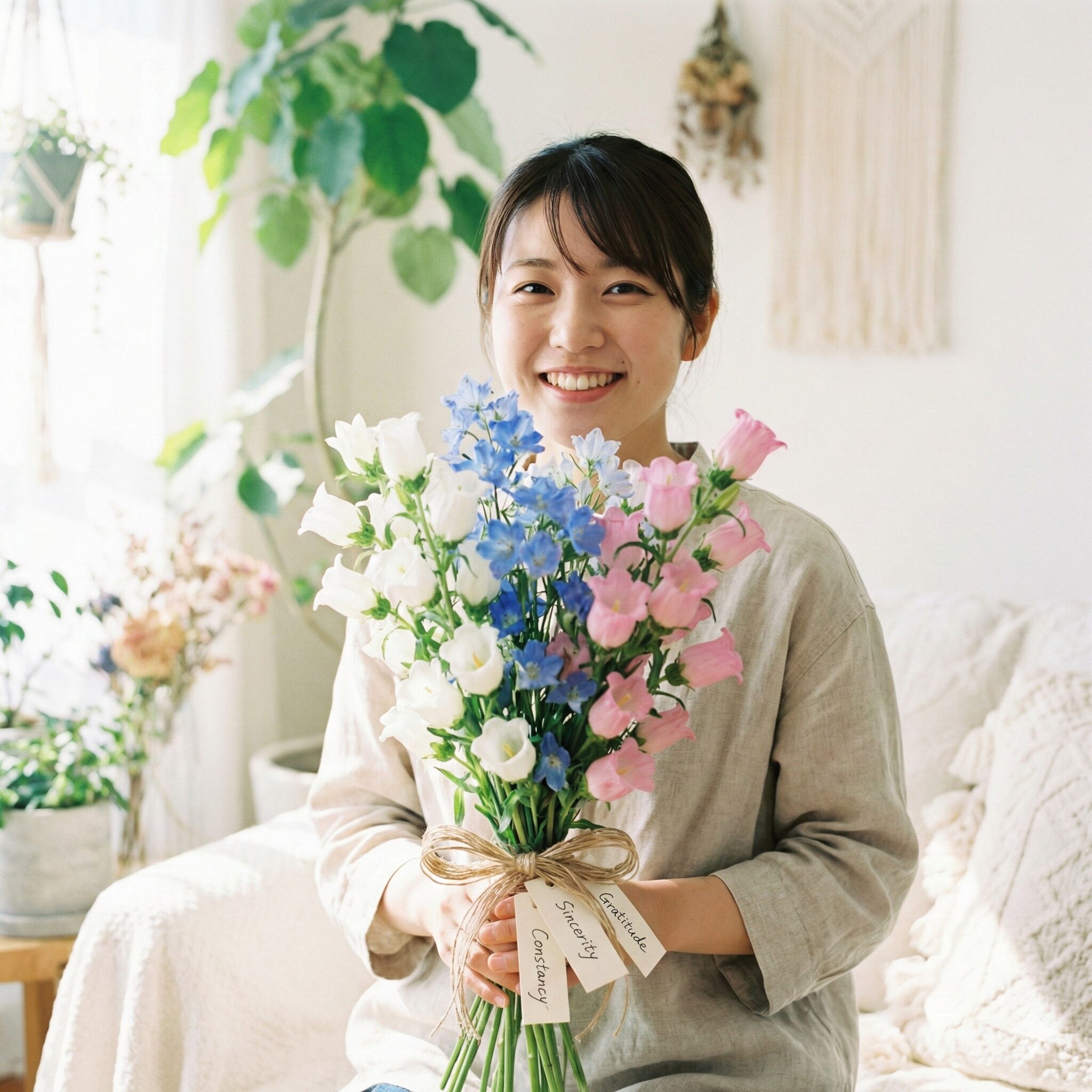 カンパニュラ 花言葉 うるさい9　ギフトに最適な白・青・ピンクの3色のカンパニュラのブーケ