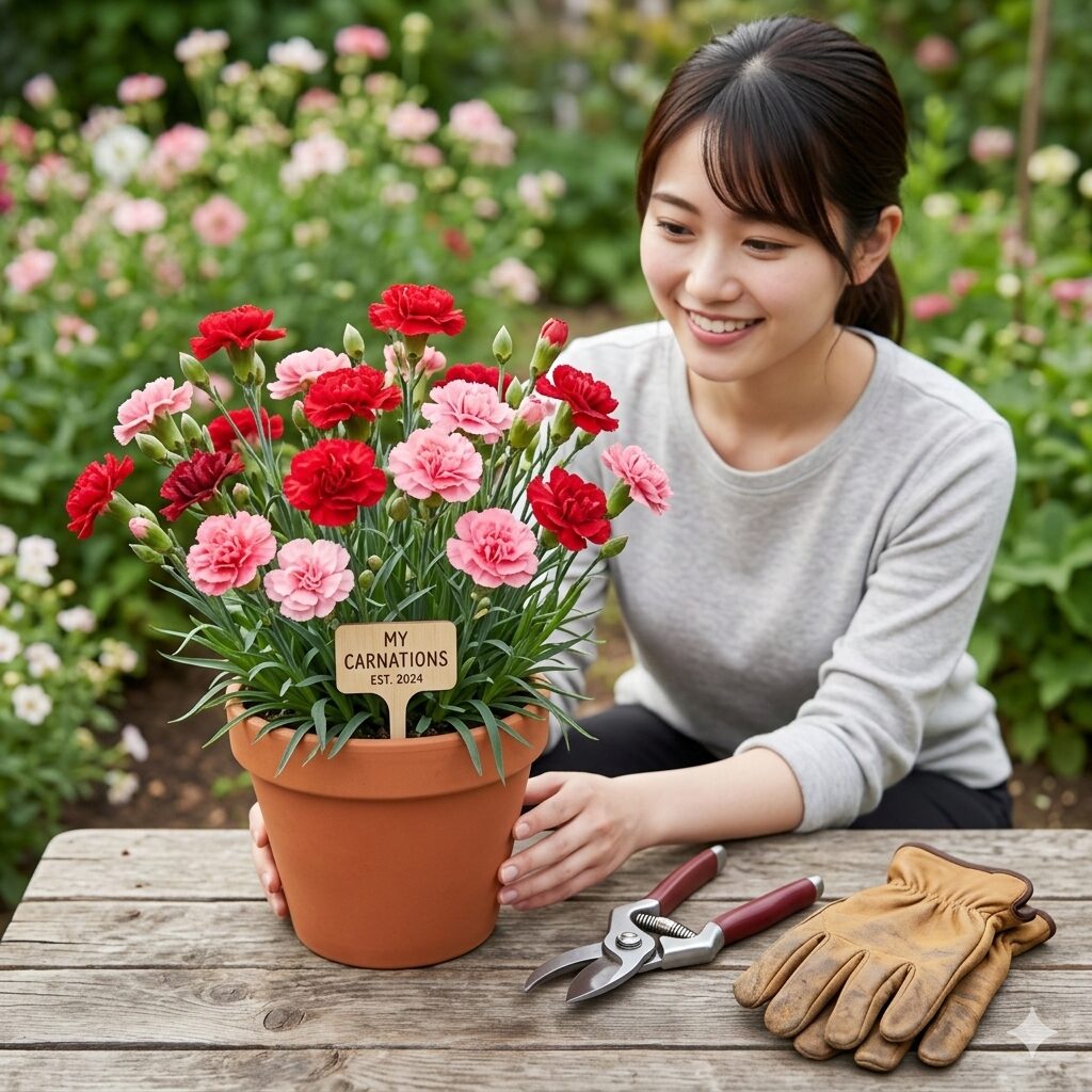 カーネーション 株分け1　満開のカーネーションの鉢植えと手入れ用の園芸道具