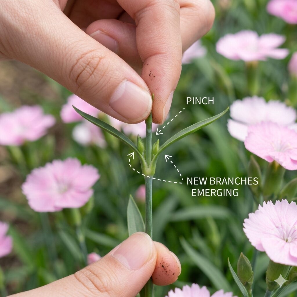 カーネーション 株分け10　カーネーションの脇芽を増やして花数を多くするための摘芯作業