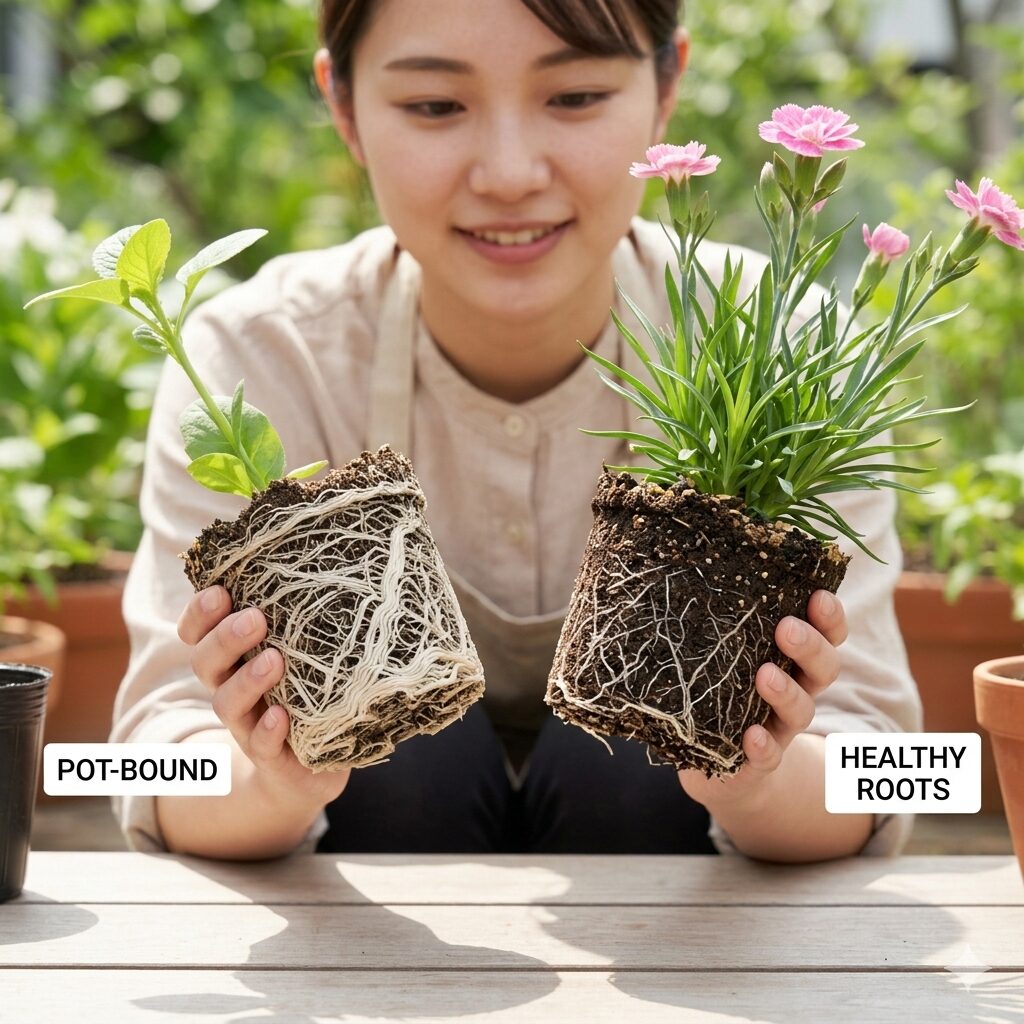 カーネーション 株分け4　鉢の中で根がいっぱいになり根詰まりを起こしたカーネーション