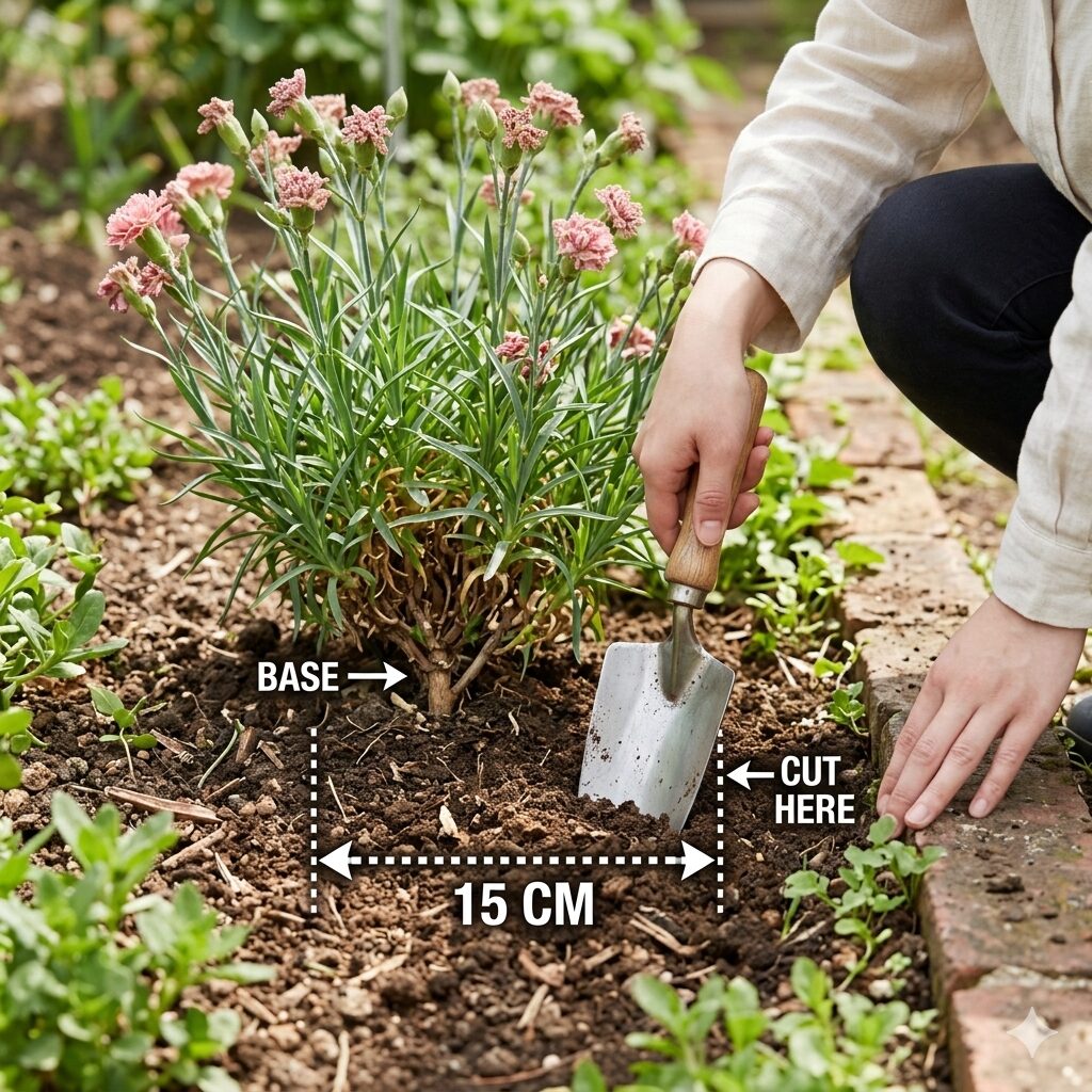 カーネーション 株分け6　カーネーションの根を傷めないように外側からスコップを入れる様子