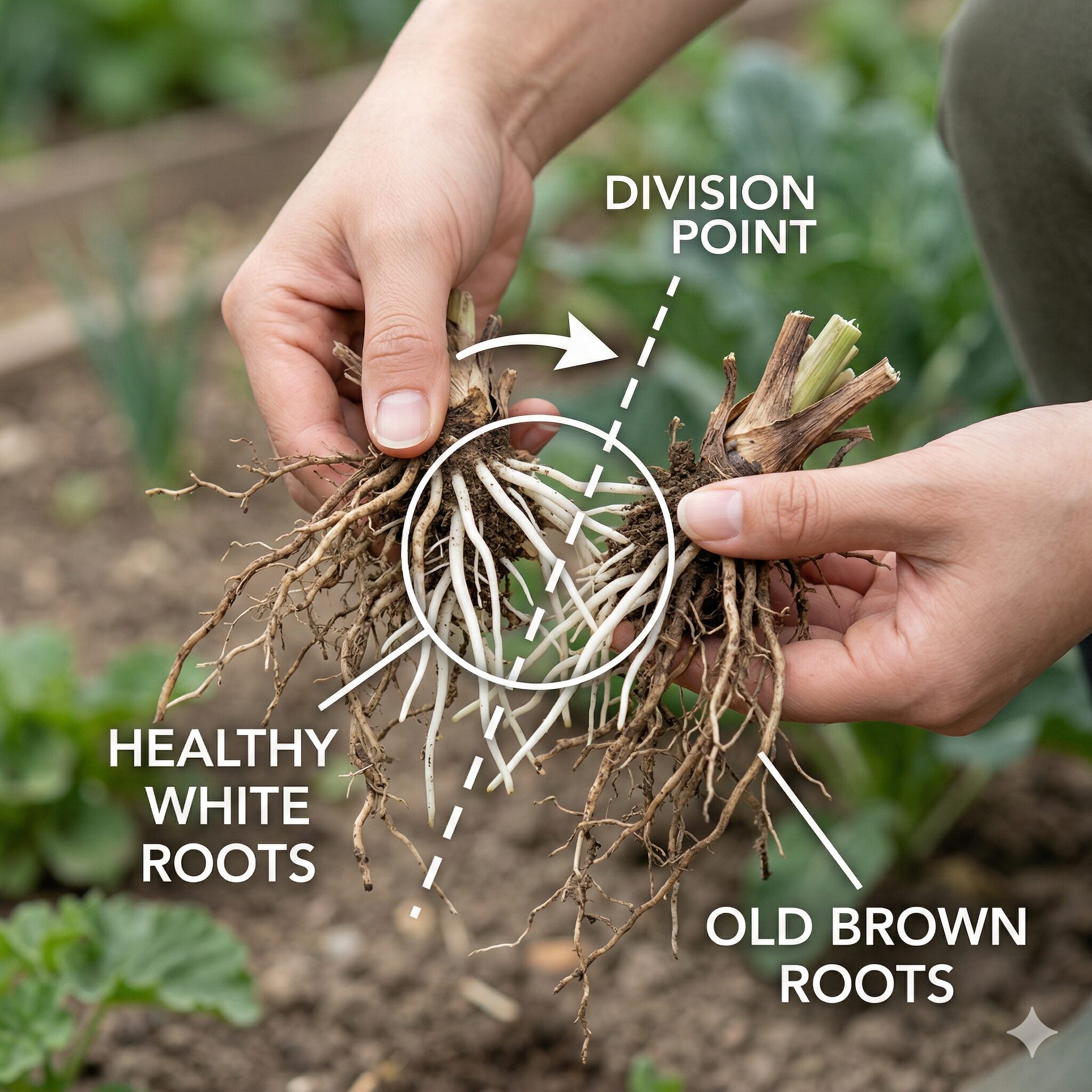 カーネーション 株分け7　カーネーションの株を分けながら健康な白い根を確認する作業