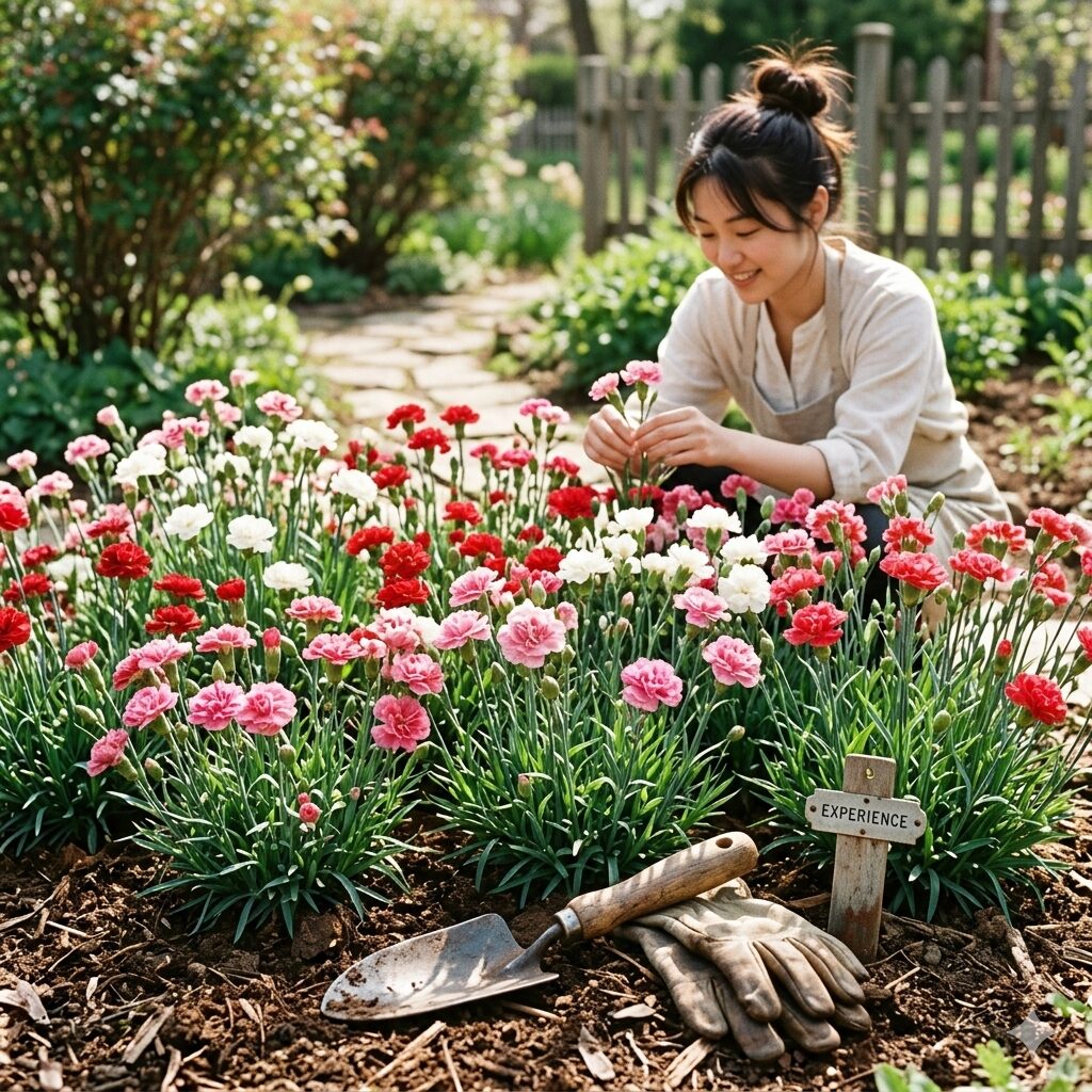 カーネーション 育て方 地植え1　春の庭で地植え栽培され満開になった色鮮やかなカーネーション