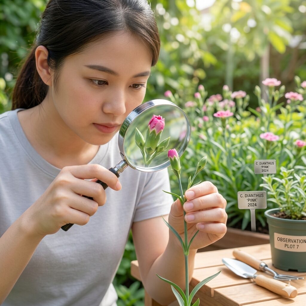 カーネーション 育て方 地植え10 病害虫を早期発見するためにカーネーションの蕾を観察する様子