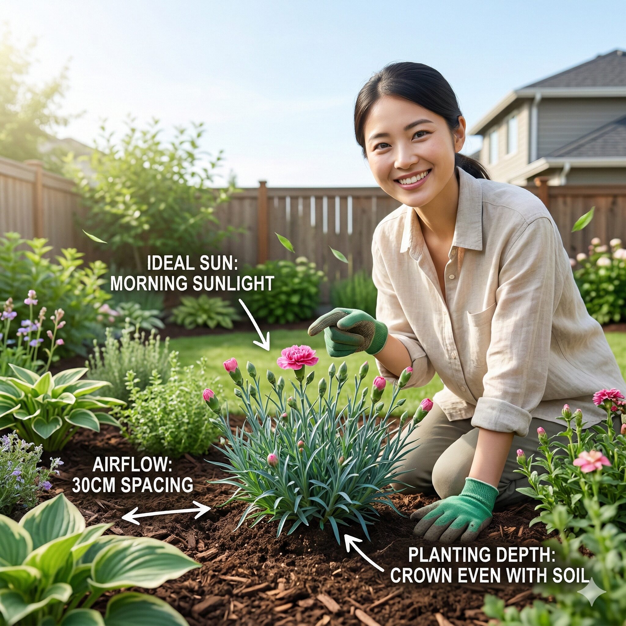 カーネーション 育て方 地植え3 日当たりと風通しを考慮して間隔を空けて植えられたカーネーション
