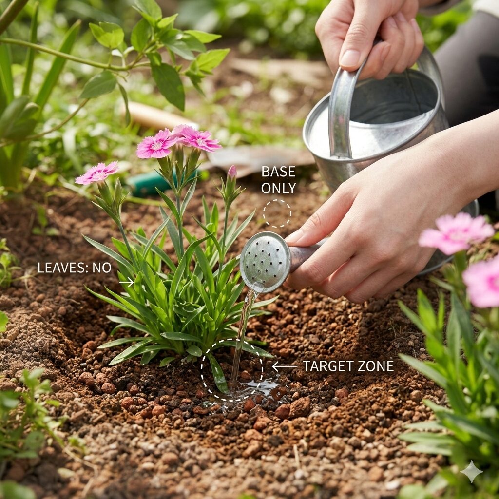 カーネーション 育て方 地植え6 カーネーションの株元を狙って優しく水やりをする様子