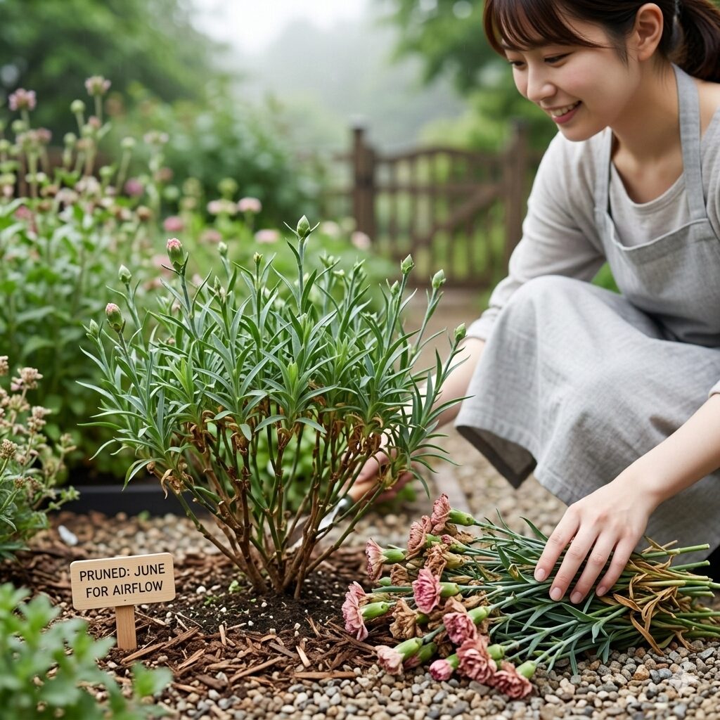 カーネーション 育て方 地植え8 梅雨の蒸れ対策として切り戻し剪定を施したカーネーションの株