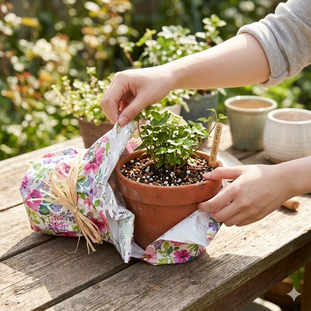 カーネーション 蕾咲かない2 カーネーションの蒸れを防ぐためにギフトラッピングを外す様子