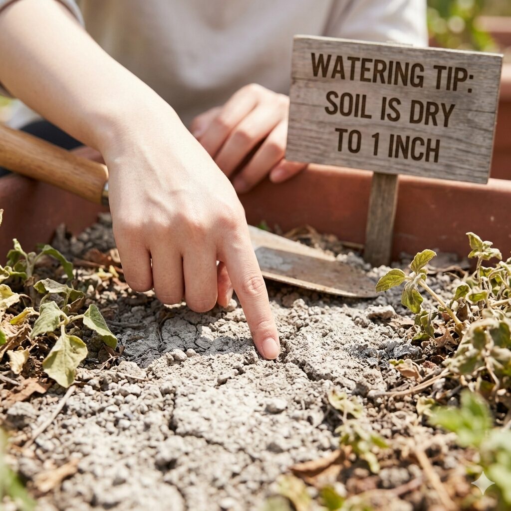 カーネーション 蕾咲かない4 カーネーションの水やりタイミングを確認するために土の乾燥をチェックする指先