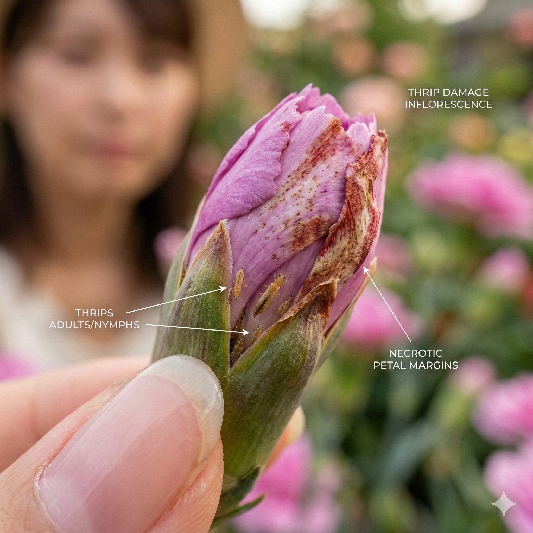 カーネーション 蕾咲かない6 アザミウマ被害で茶色く変色し開花が阻害されたカーネーションの蕾